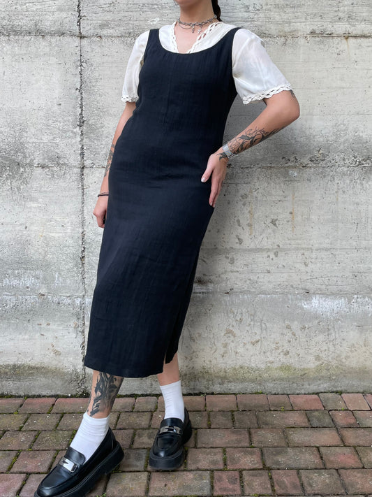 Vestito midi smanicato nero 100% lino - S