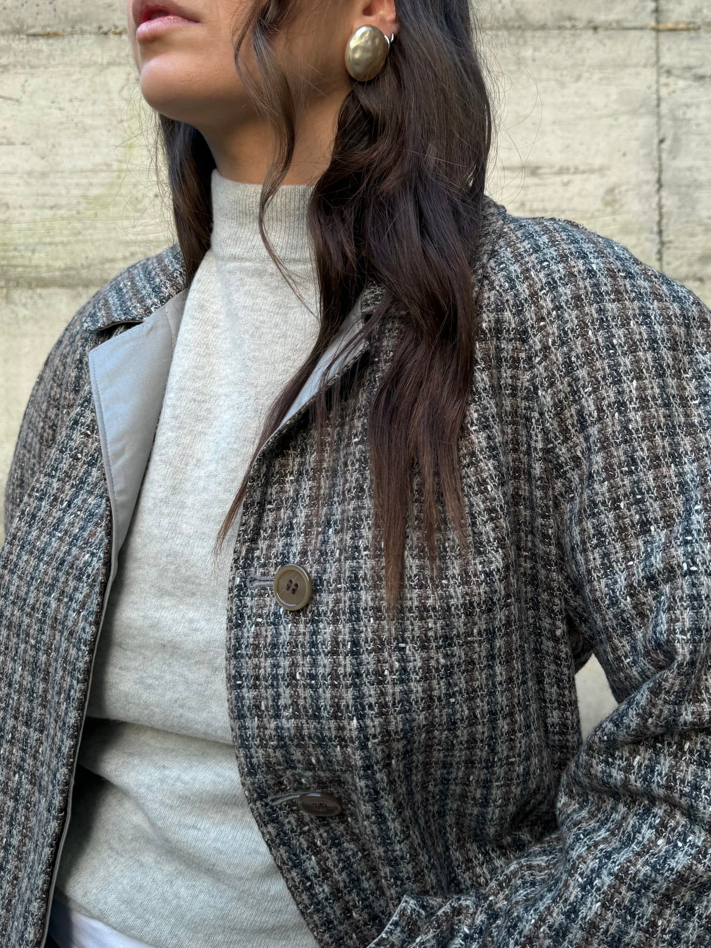 Trenchcoat reversibile monopetto con cintura, lato esterno in lana, lato interno misto cotone