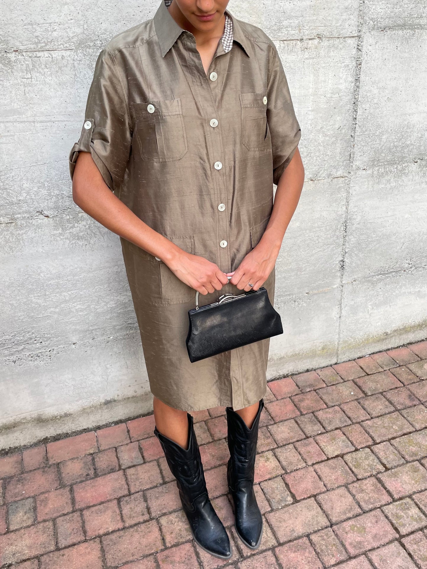 Chemisier midi 100% shantung di seta verde oliva - taglia M