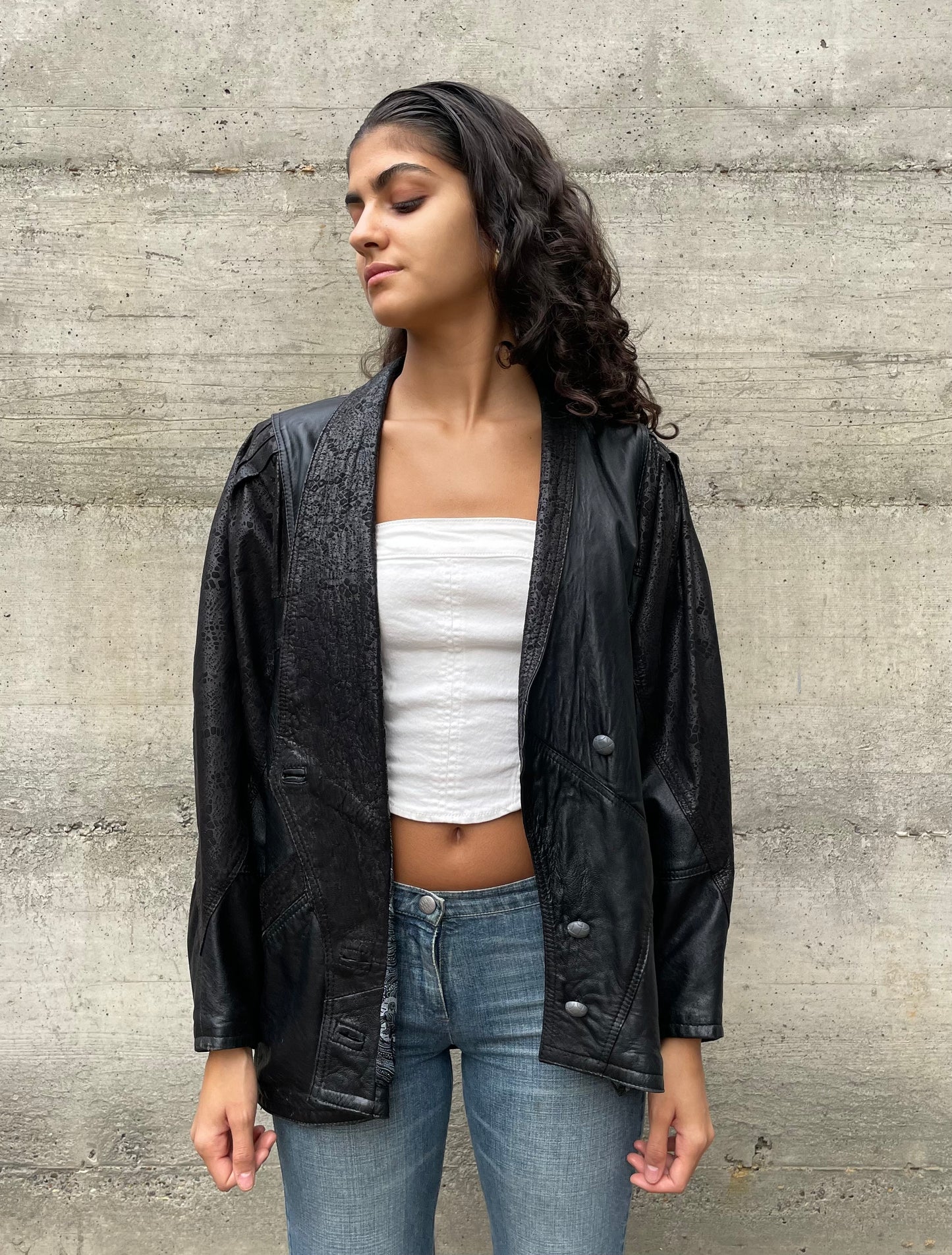 Giacca 80s lavorata in vera pelle nera - taglia M