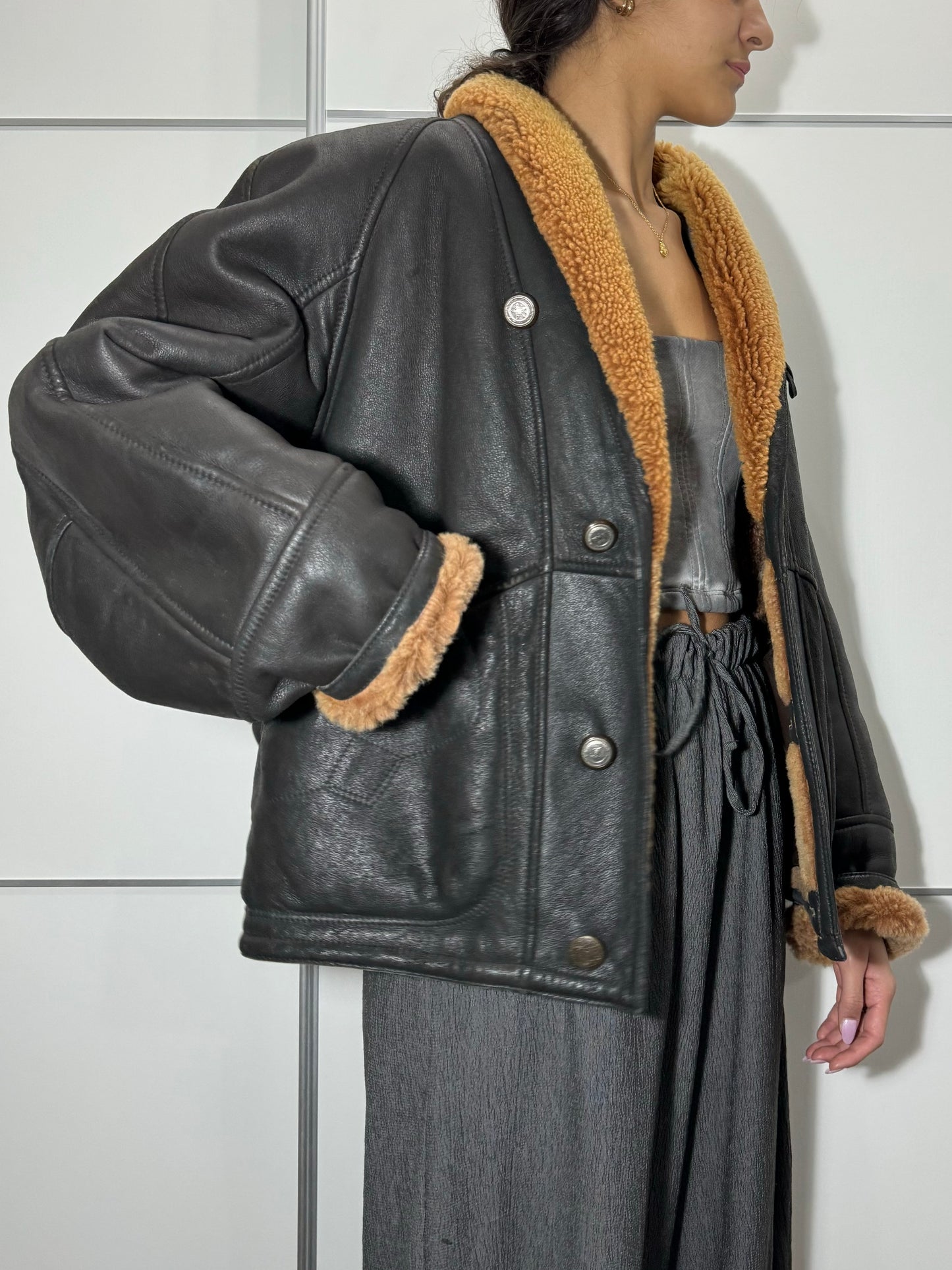 Bomber in montone Shearling testa di moro, taglia 48it uomo