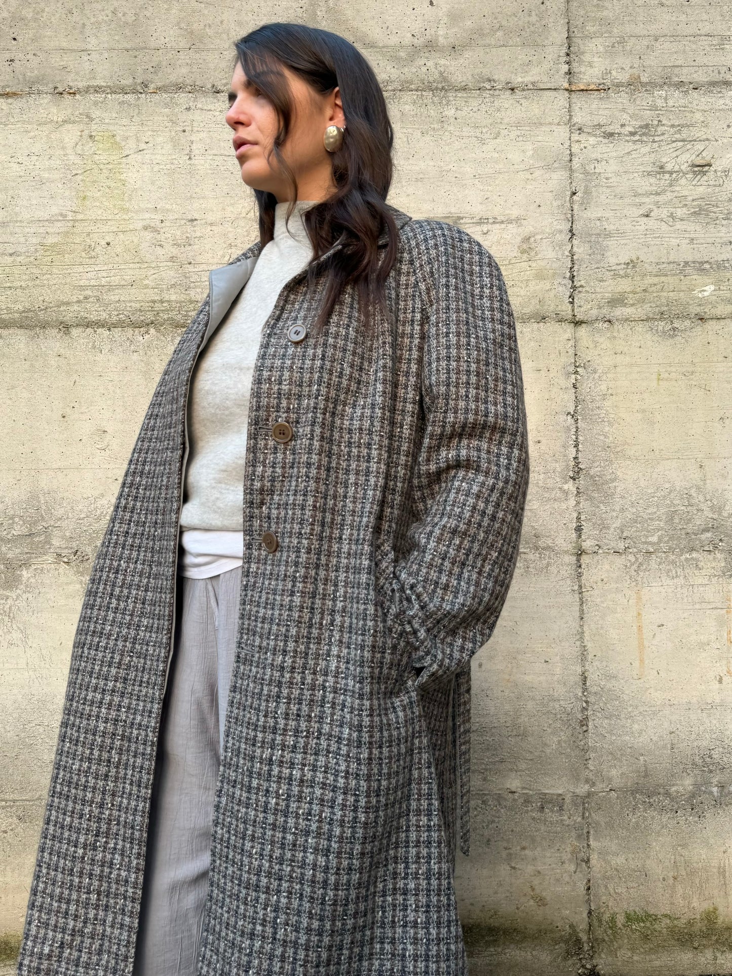Trenchcoat reversibile monopetto con cintura, lato esterno in lana, lato interno misto cotone