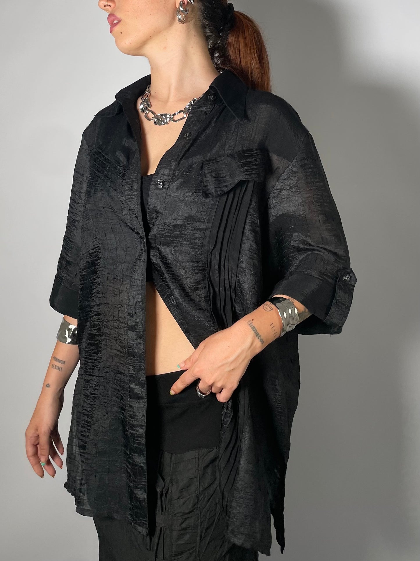 Maxi camicia sheer nera 100% viscosa - taglia unica