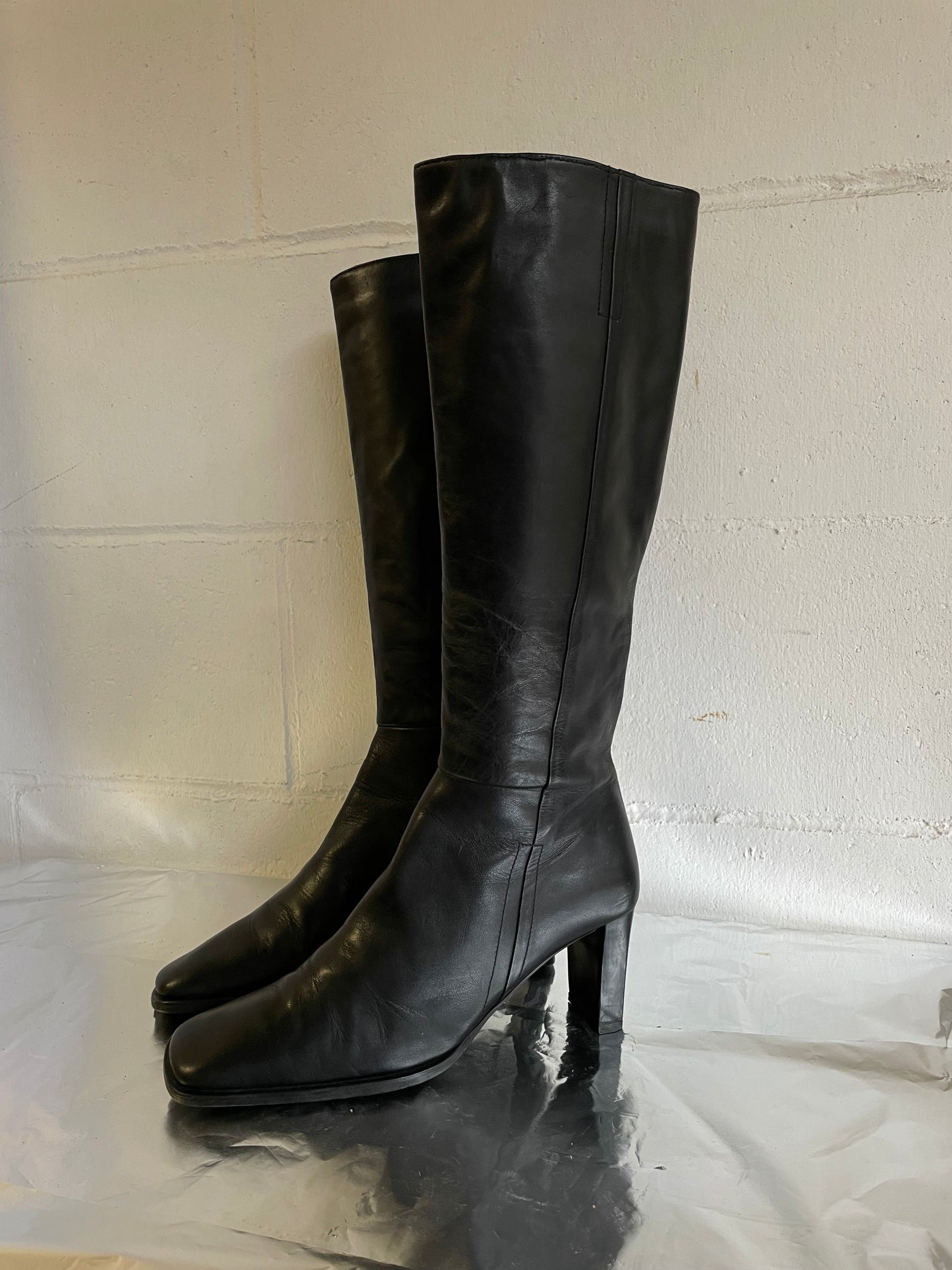 EU 37 - Stivale vintage vera pelle nero, punta quadrata e tacco grosso 7cm