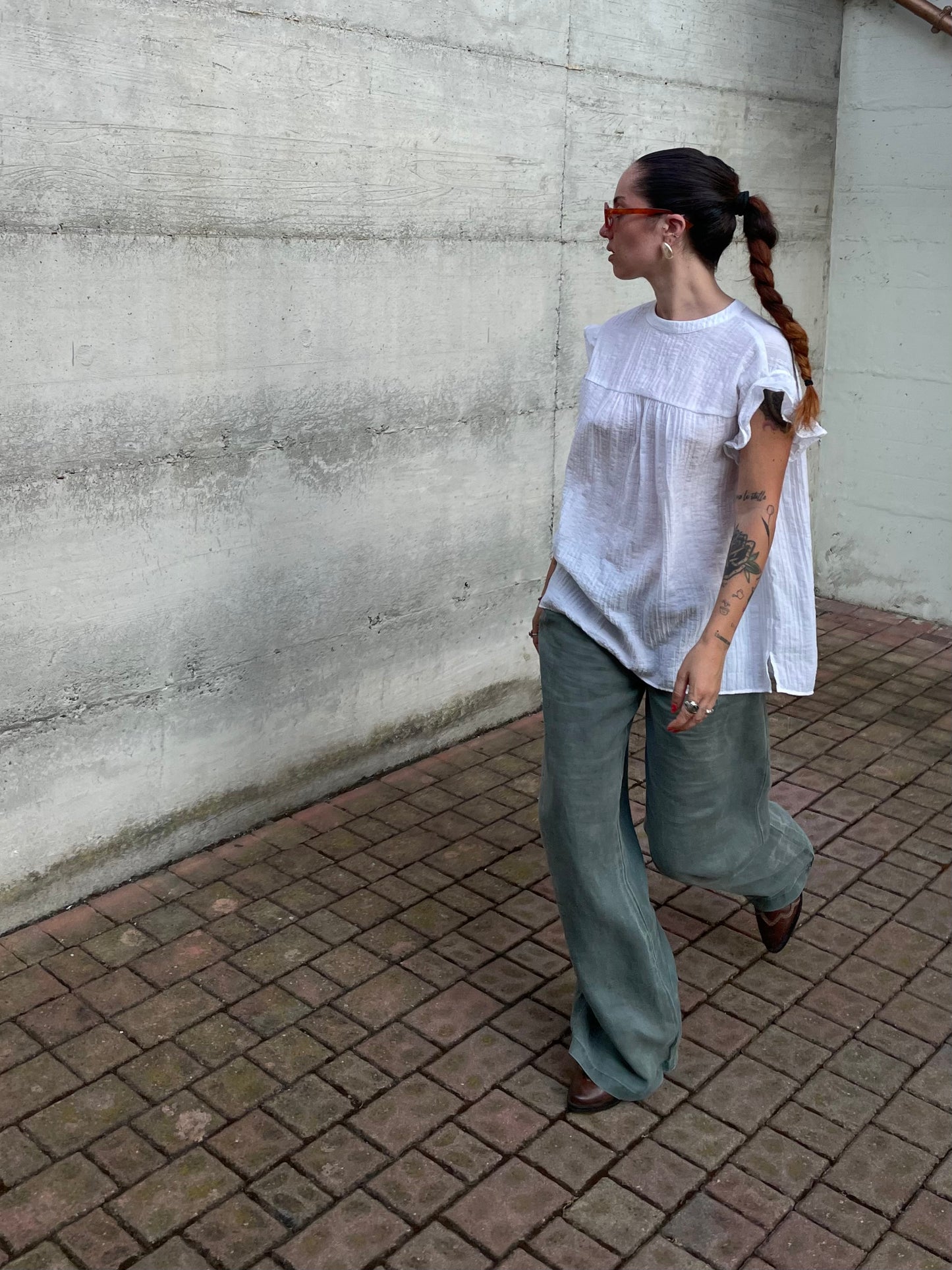 Pantapalazzo verde salvia 100% ramiè, taglia M