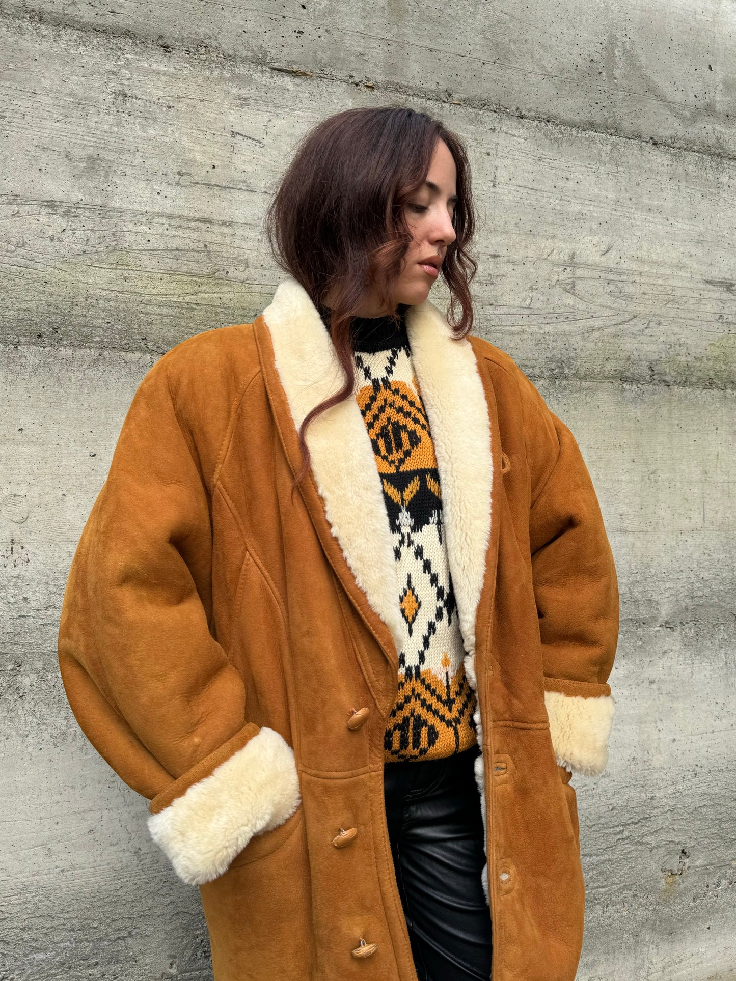 Montone originale Shearling caramello scamosciato, taglia 50it uomo