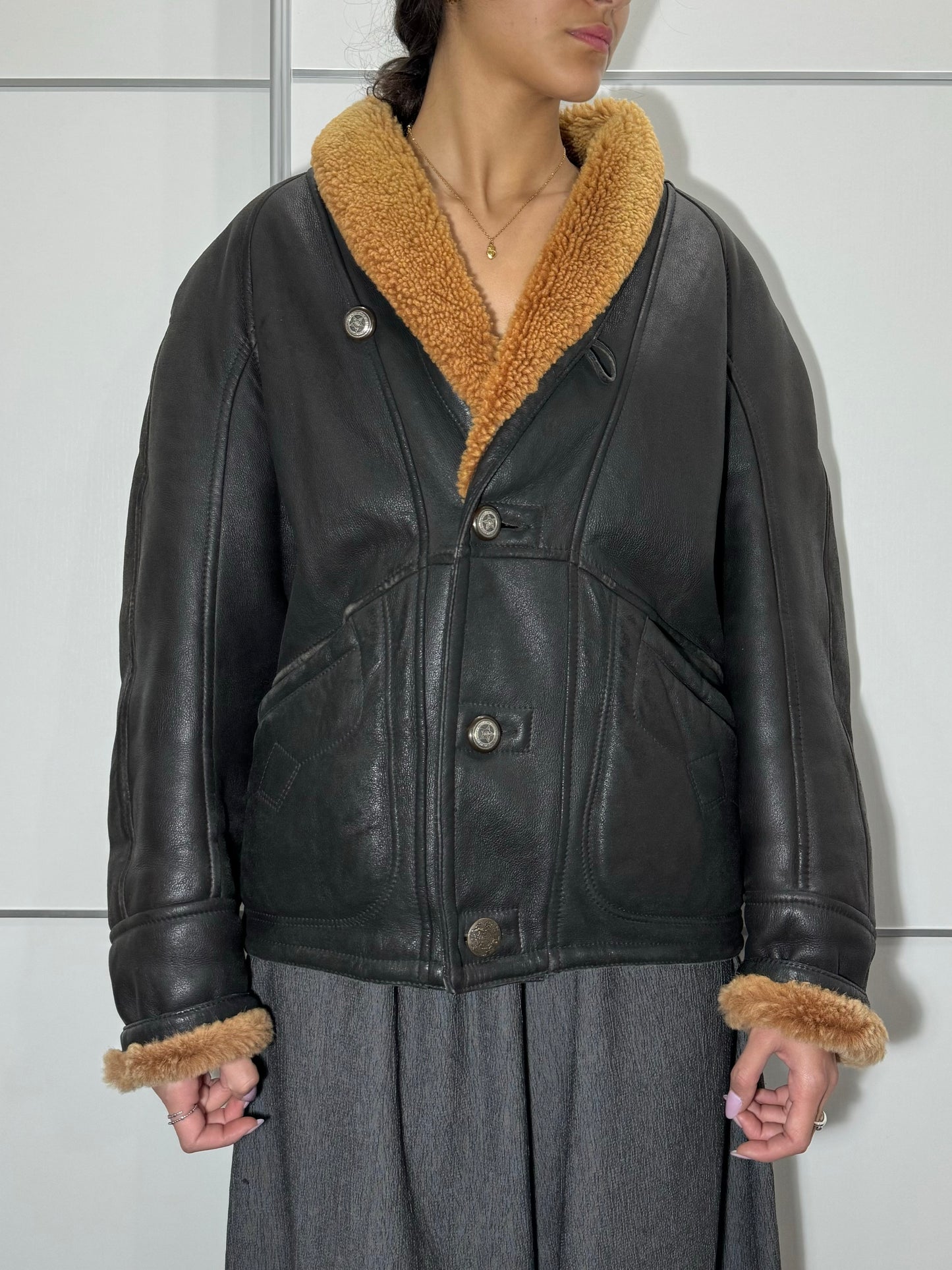 Bomber in montone Shearling testa di moro, taglia 48it uomo