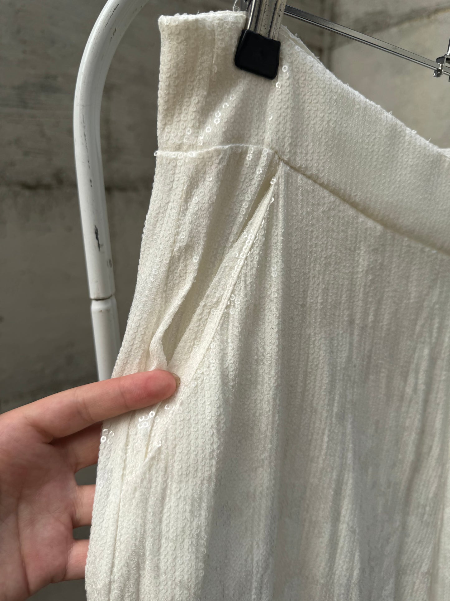 Pantapalazzo bianco lavorato con paillettes in misto viscosa, taglia M