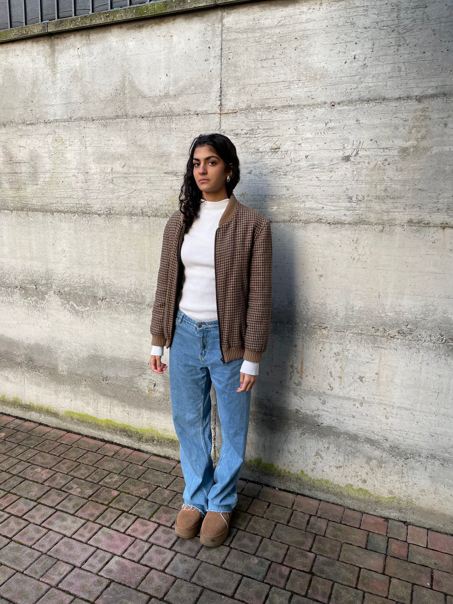 Bomber con elastici pied de poule trapuntato, in lana - taglia M uomo