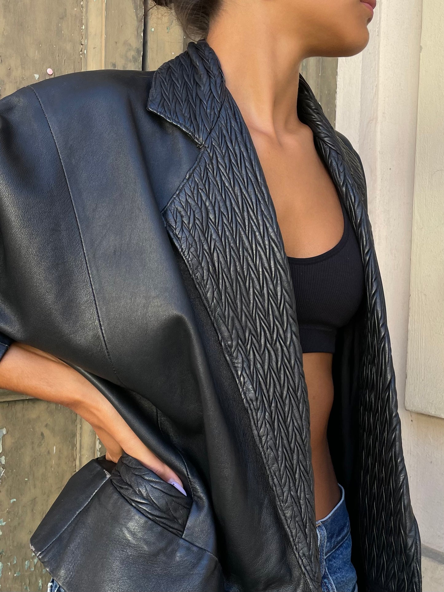 Giacca in nappa nera lavorata, vera pelle, taglia M donna
