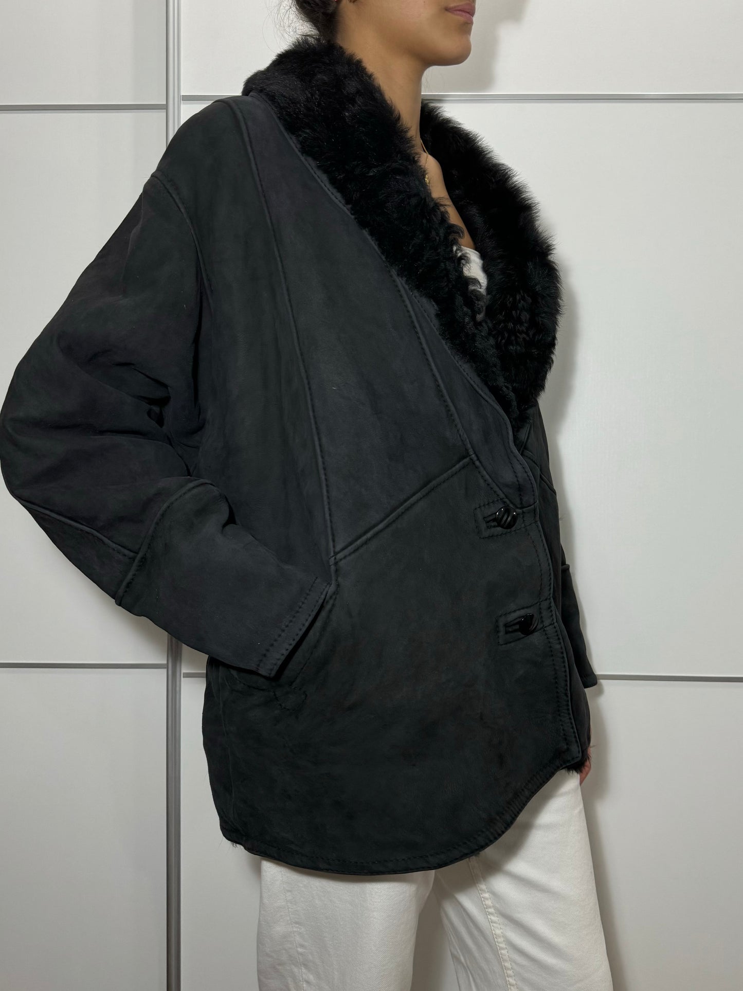 Montone originale Shearling scamosciato nero, taglia 44it donna