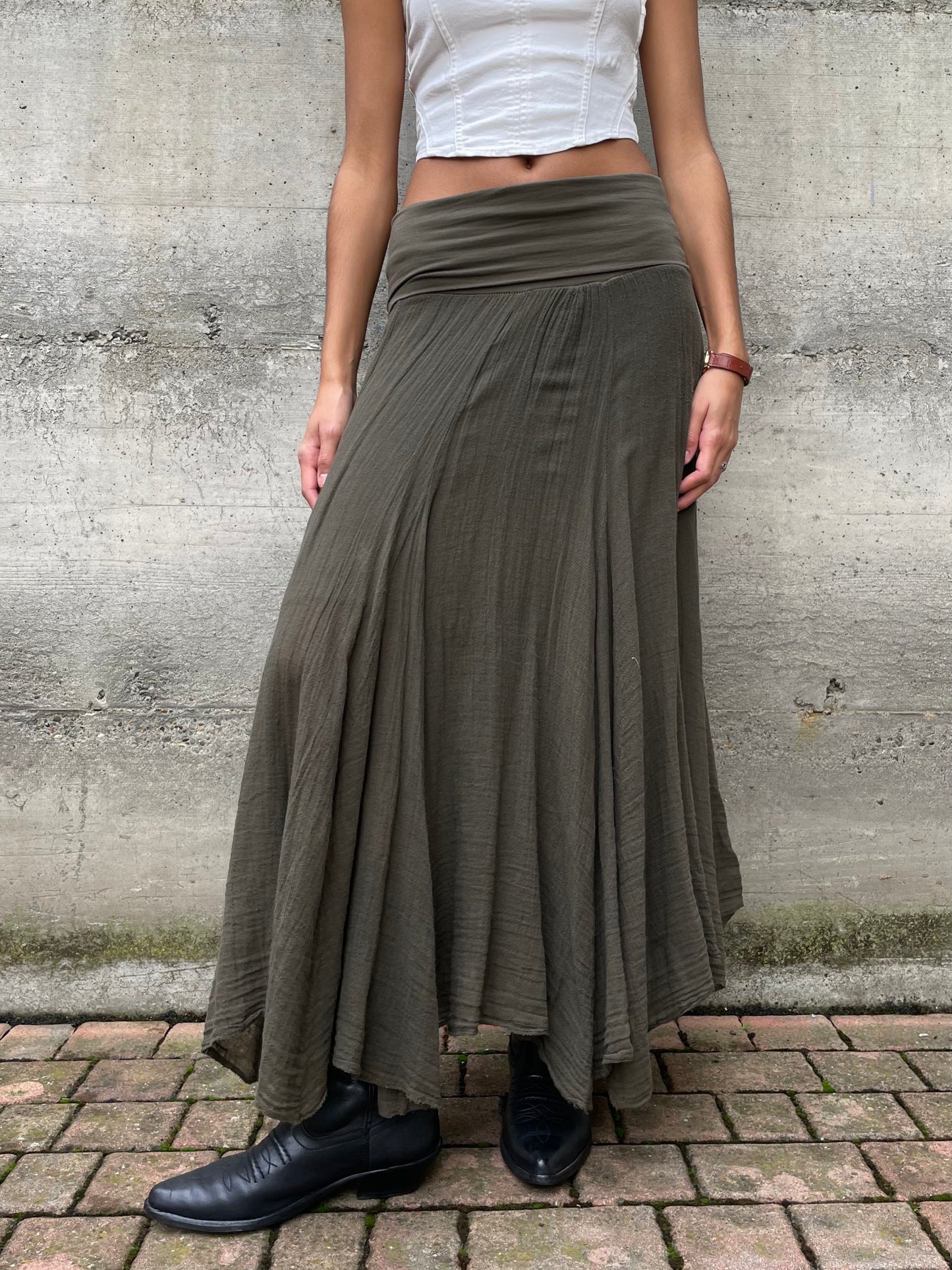 Gonna lunga sartoriale in crepe di cotone, verde oliva - taglia unica