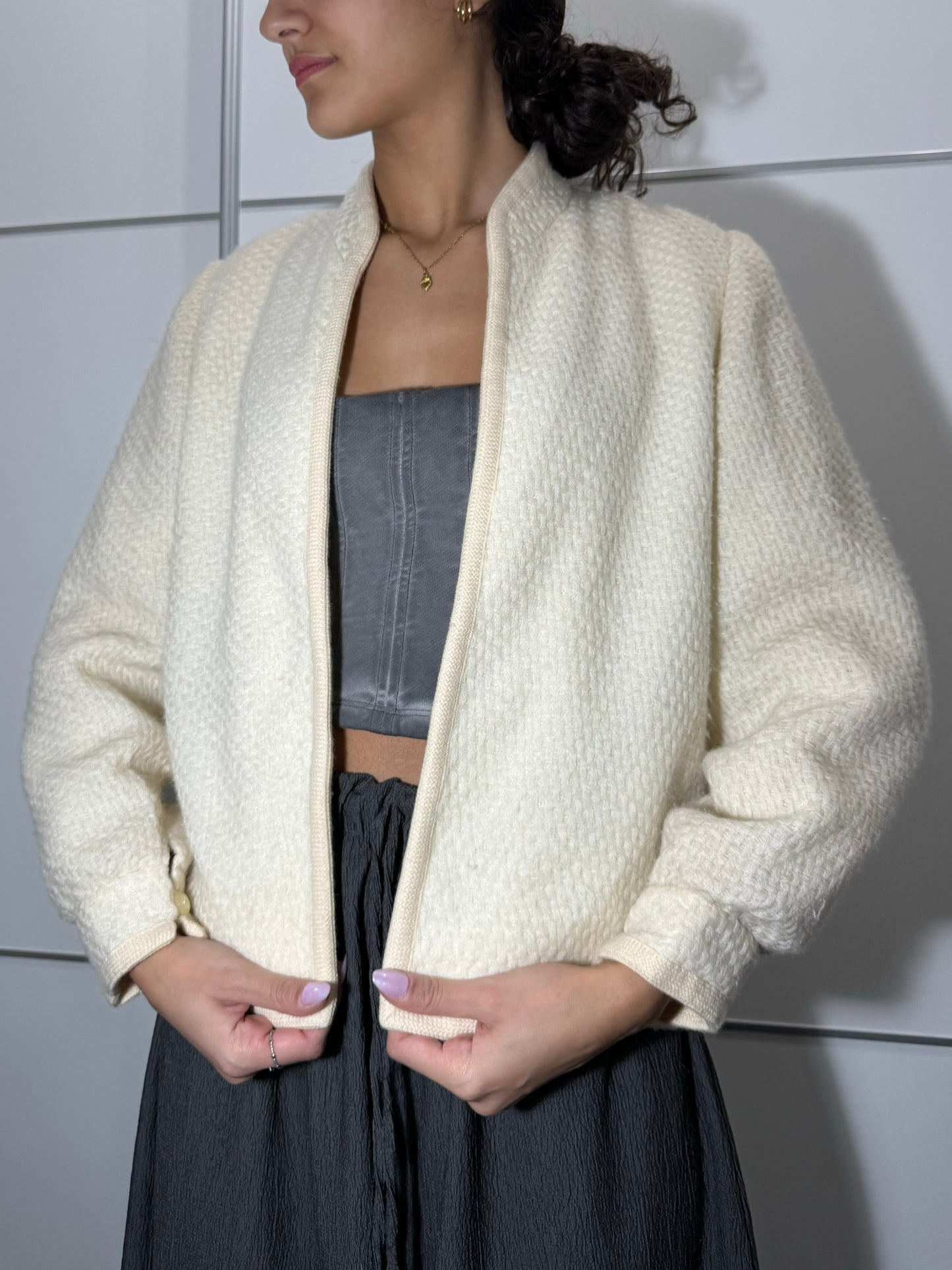 Giacca bolero lavorata color burro in misto lana