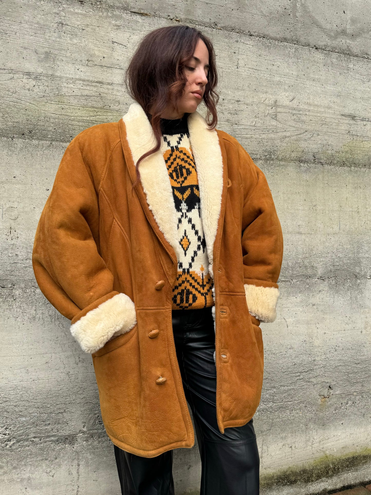 Montone originale Shearling caramello scamosciato, taglia 50it uomo