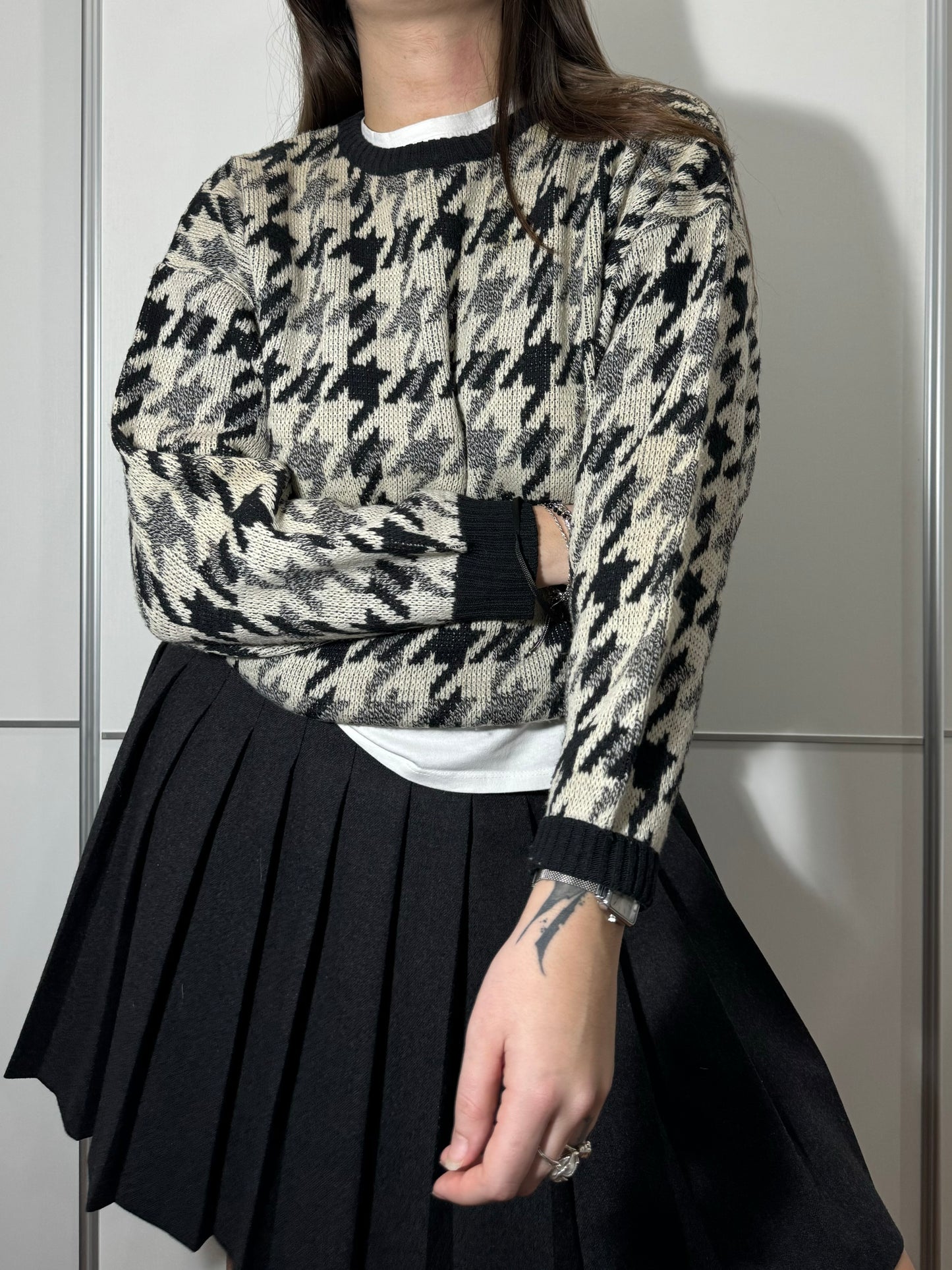 Pullover girocollo pied de poule in misto lana