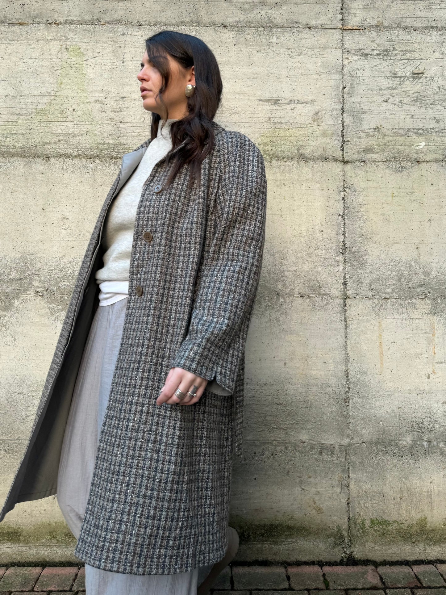 Trenchcoat reversibile monopetto con cintura, lato esterno in lana, lato interno misto cotone