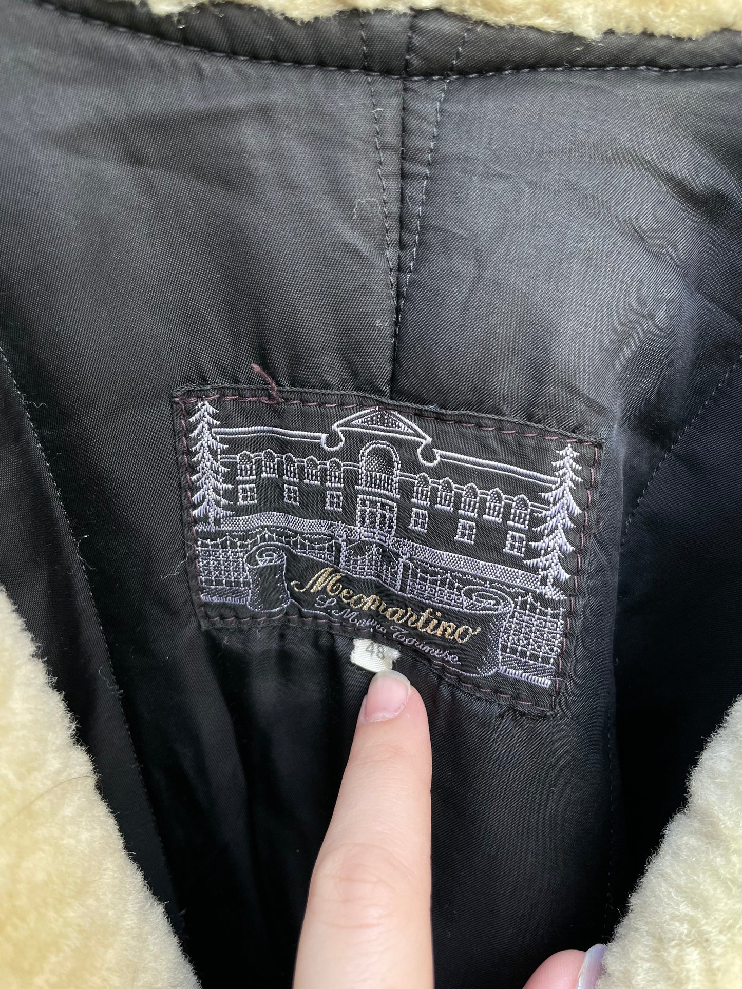 Bomber imbottito in vera pelle nero con collo Shearling burro, rara taglia S uomo