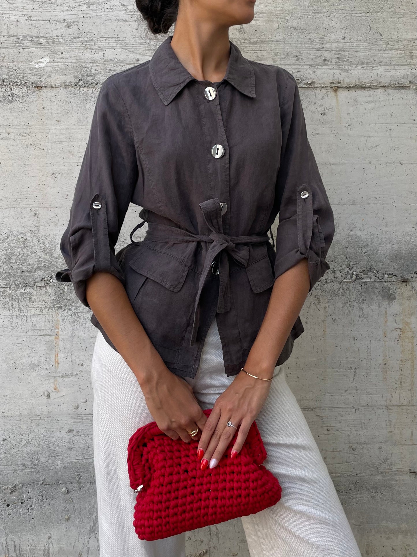 Camicia Marella cargo marrone 100% lino - taglia S/M