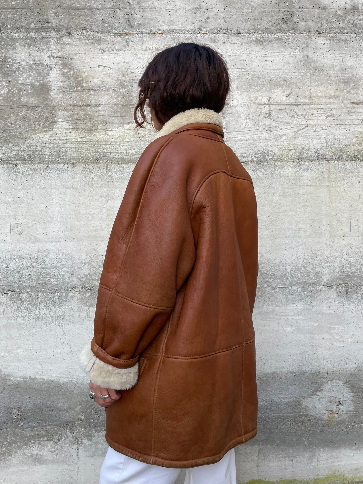 Montone Shearling originale a pelo bianco con esterno in pelle rame, taglia 48it donna