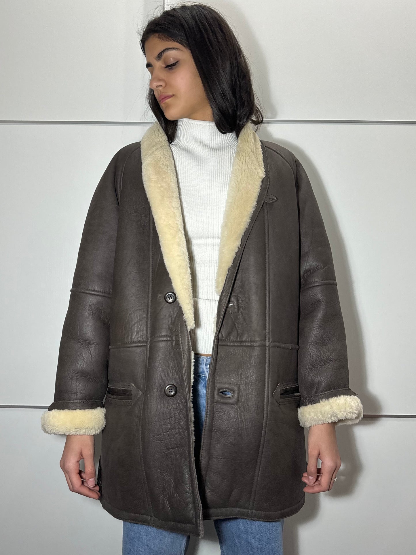 Montone originale Shearling in pelle testa di moro, taglia M uomo