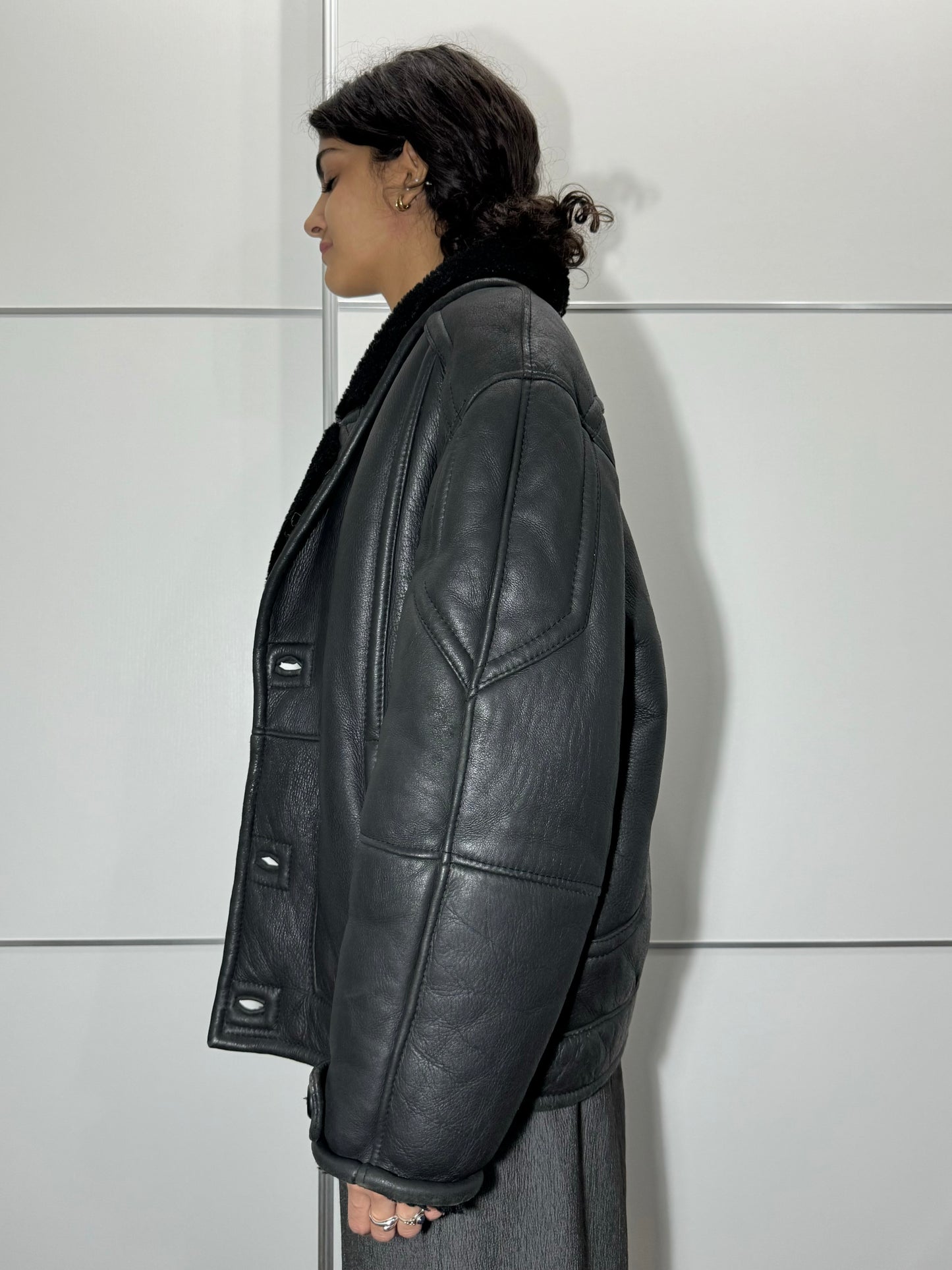 Bomber in montone Shearling nero, taglia 48it uomo