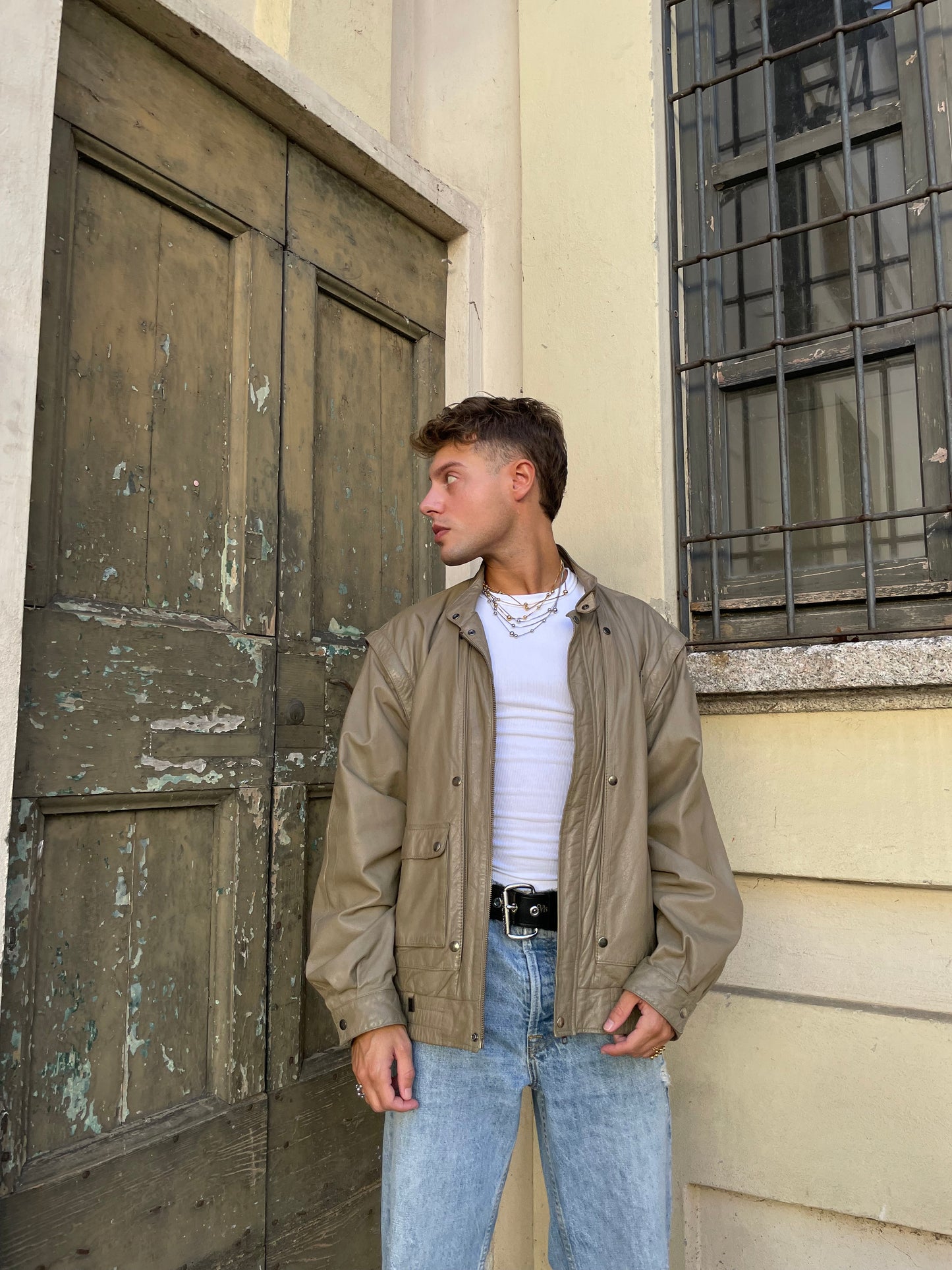 Bomber smanicabile vera pelle beige - M uomo