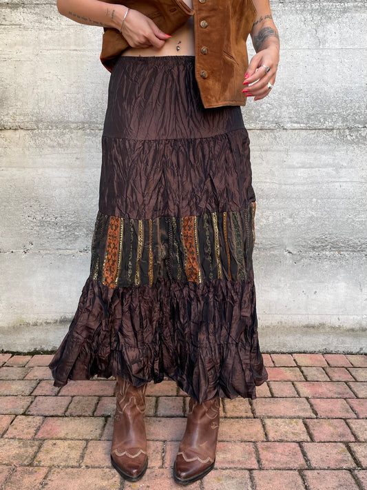 Gonna lunga marrone increspata con inserto etnico, taglia M