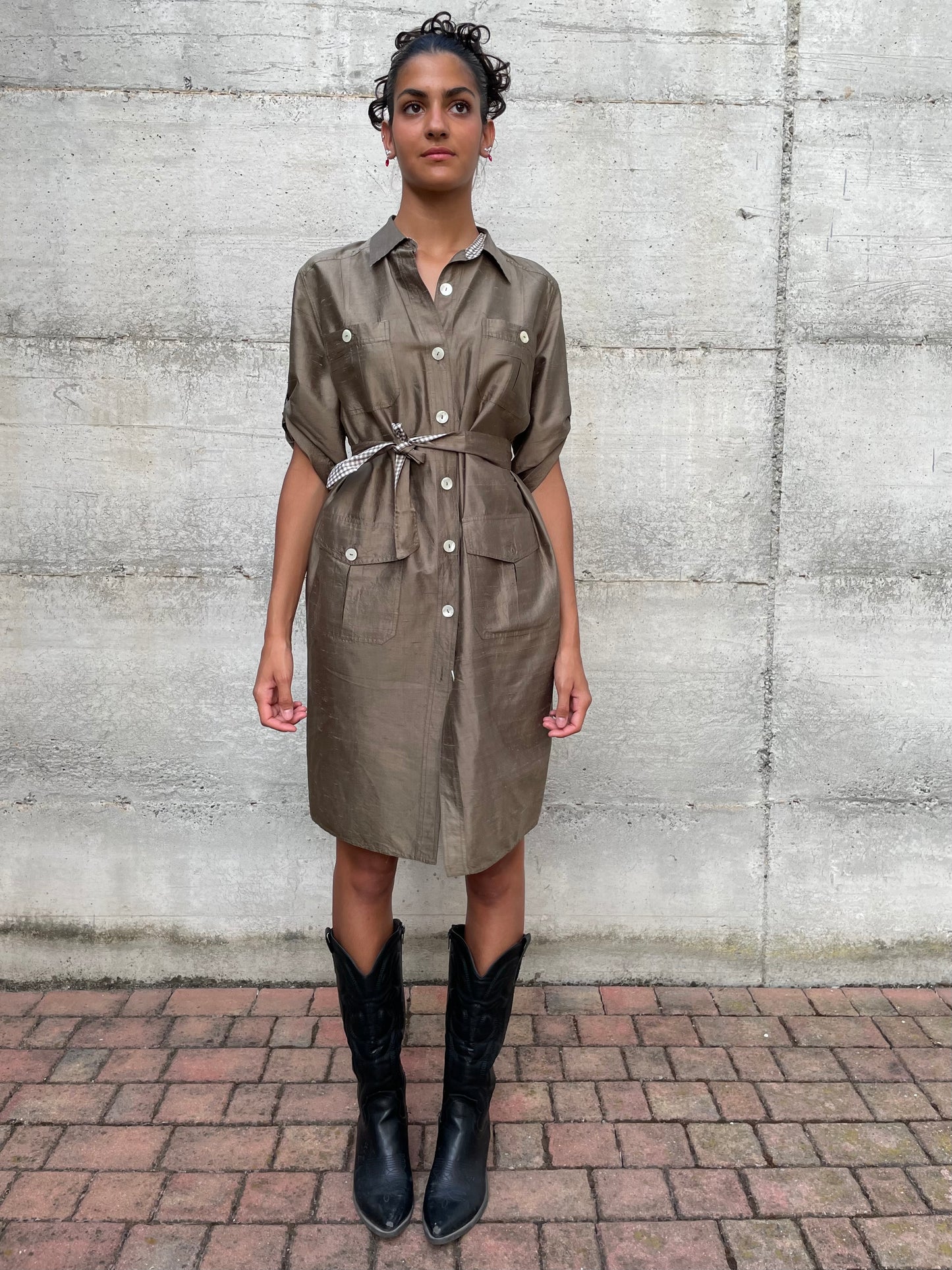 Chemisier midi 100% shantung di seta verde oliva - taglia M