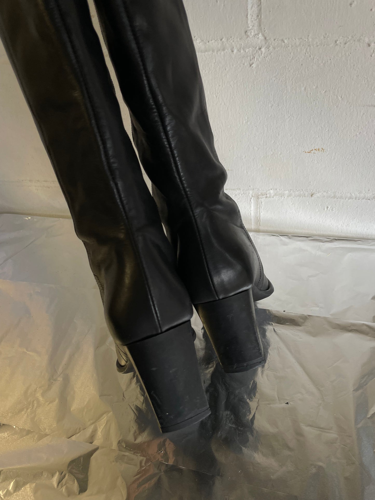 EU 37 - Stivale vintage vera pelle nero, punta quadrata e tacco grosso 7cm