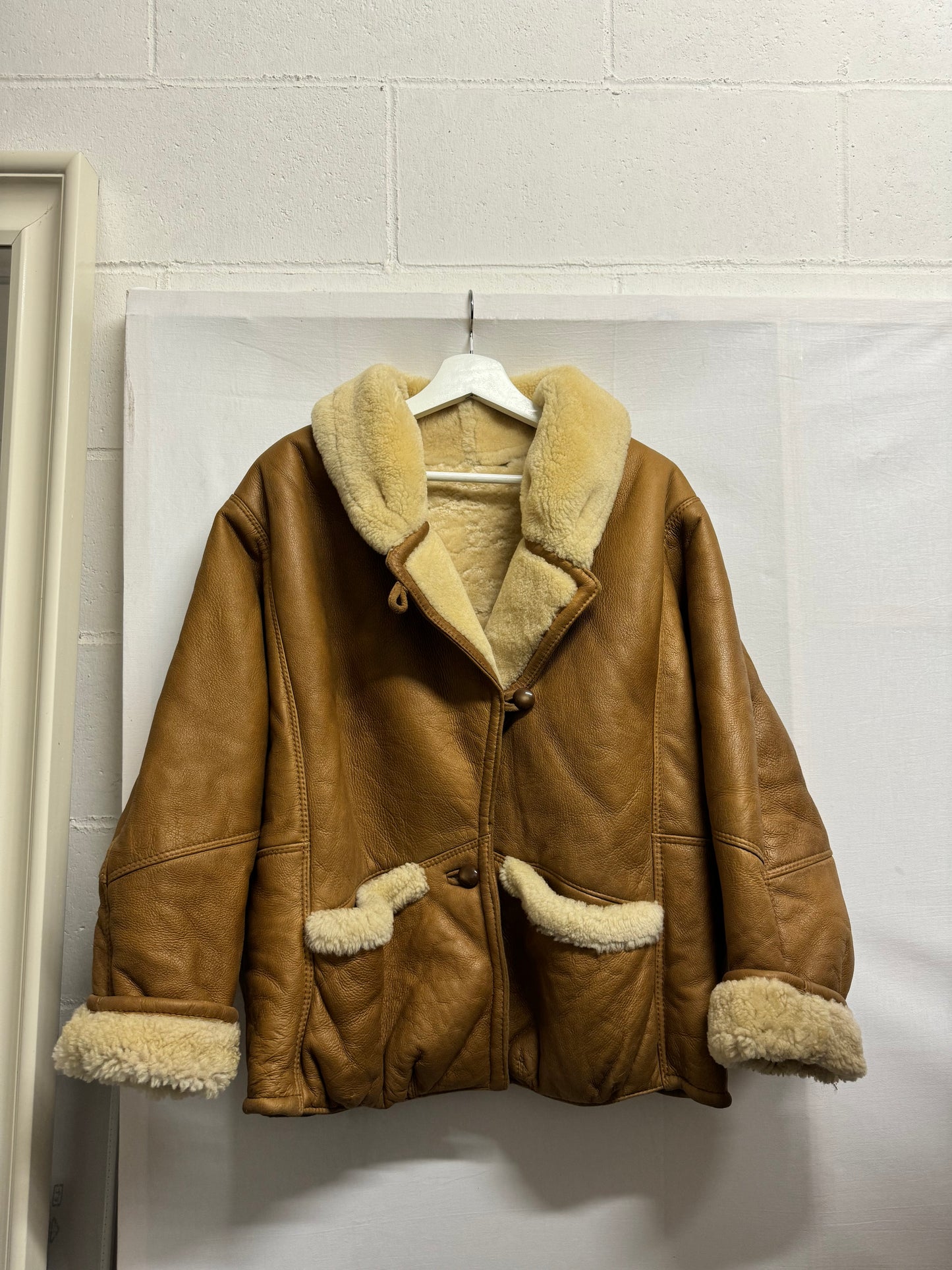 Montone aviator originale Shearling in pelle caramello, rara taglia piccola da donna