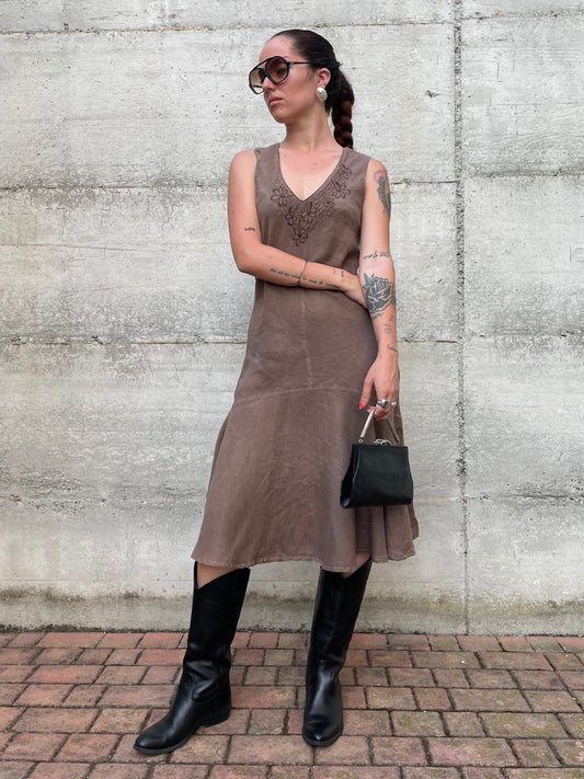 Vestito midi smanicato 100% lino color cioccolato, taglia 42it