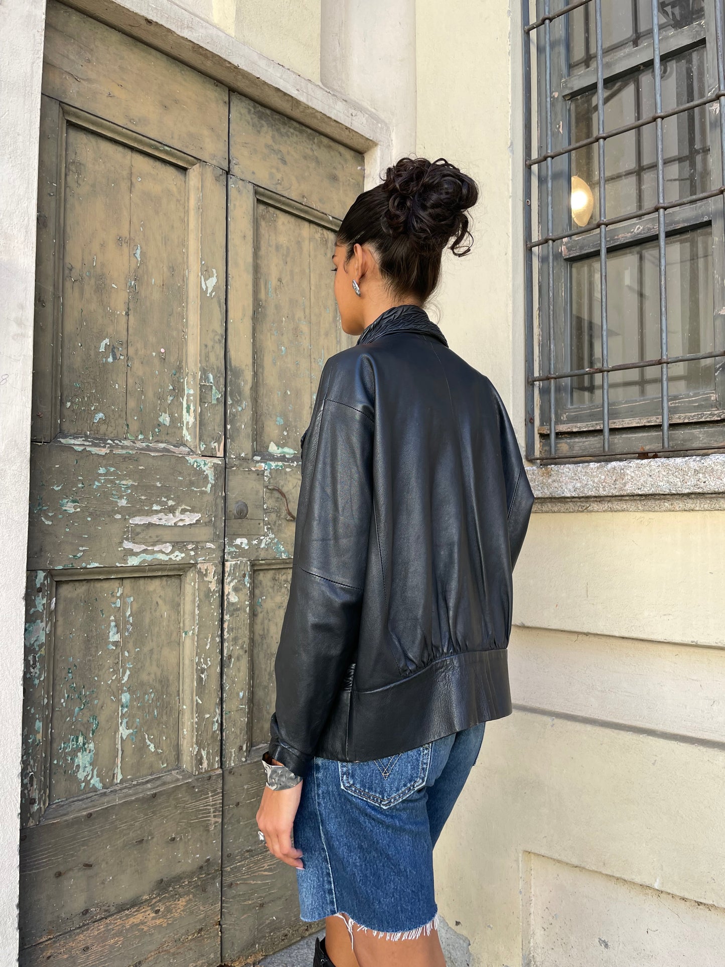 Giacca in nappa nera lavorata, vera pelle, taglia M donna