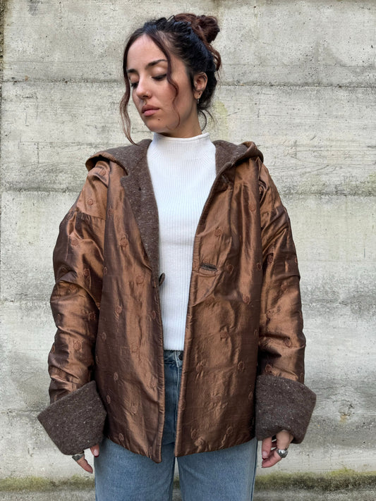 Piumino doubleface con cappuccio, shantung di seta e misto lana/mohair