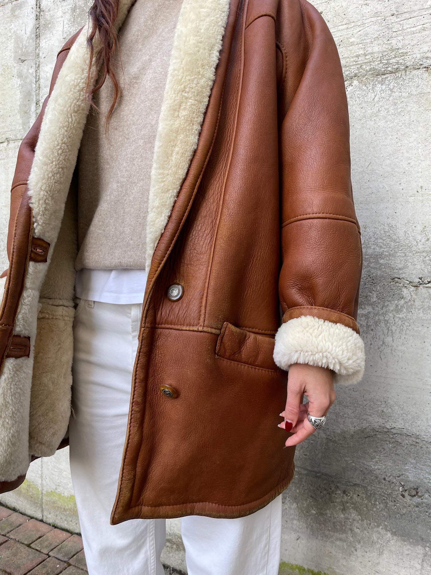 Montone Shearling originale a pelo bianco con esterno in pelle rame, taglia 48it donna