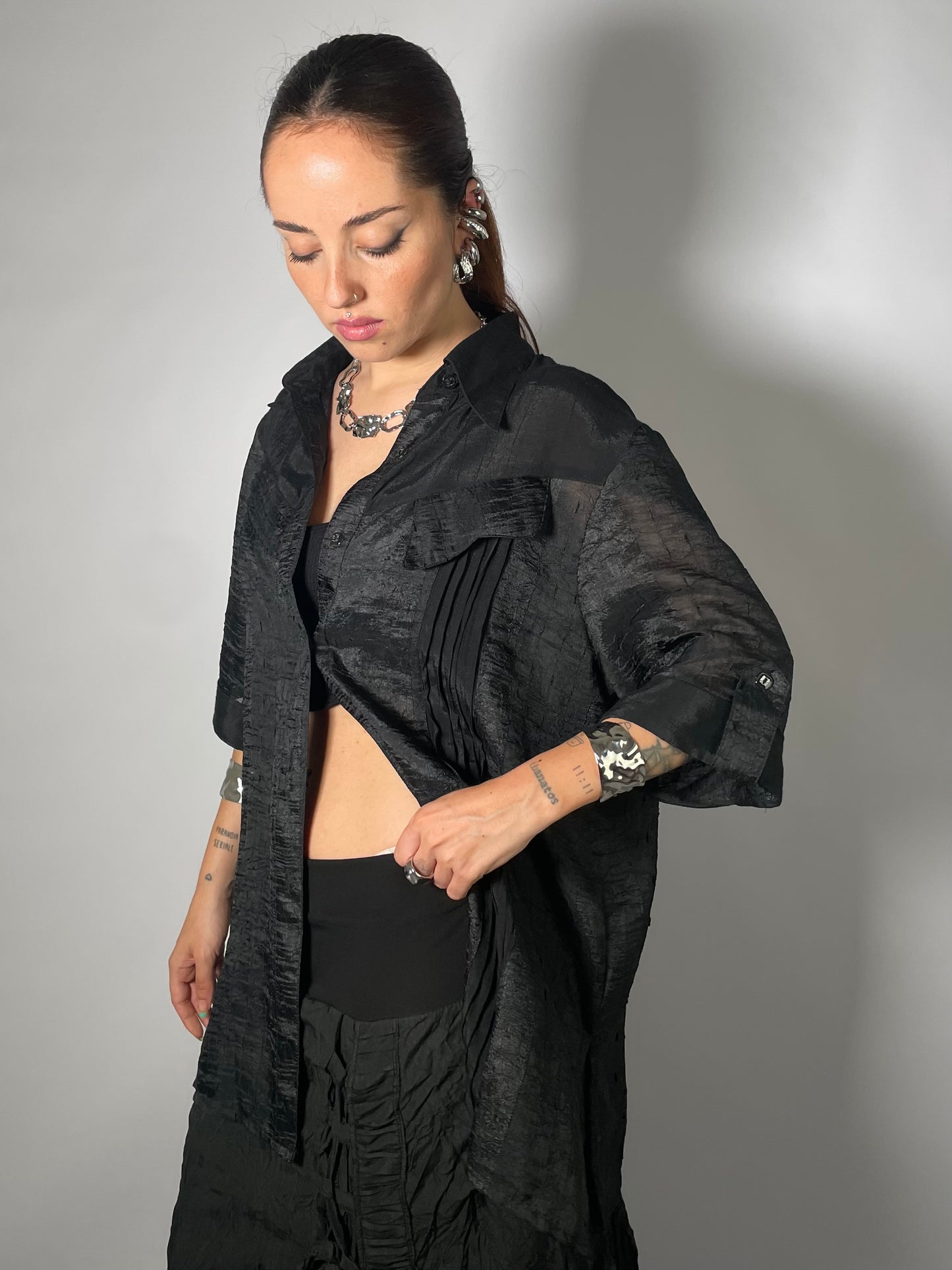 Maxi camicia sheer nera 100% viscosa - taglia unica