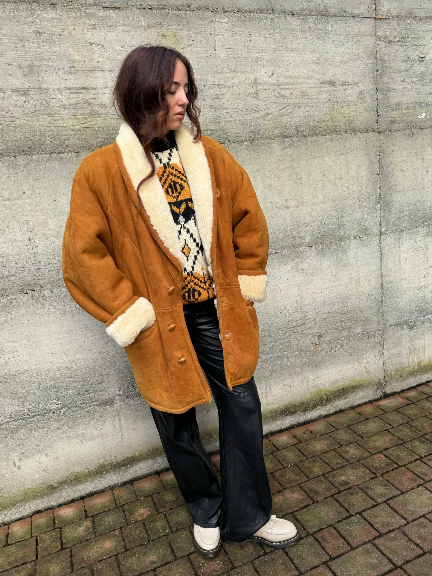 Montone originale Shearling caramello scamosciato, taglia 50it uomo