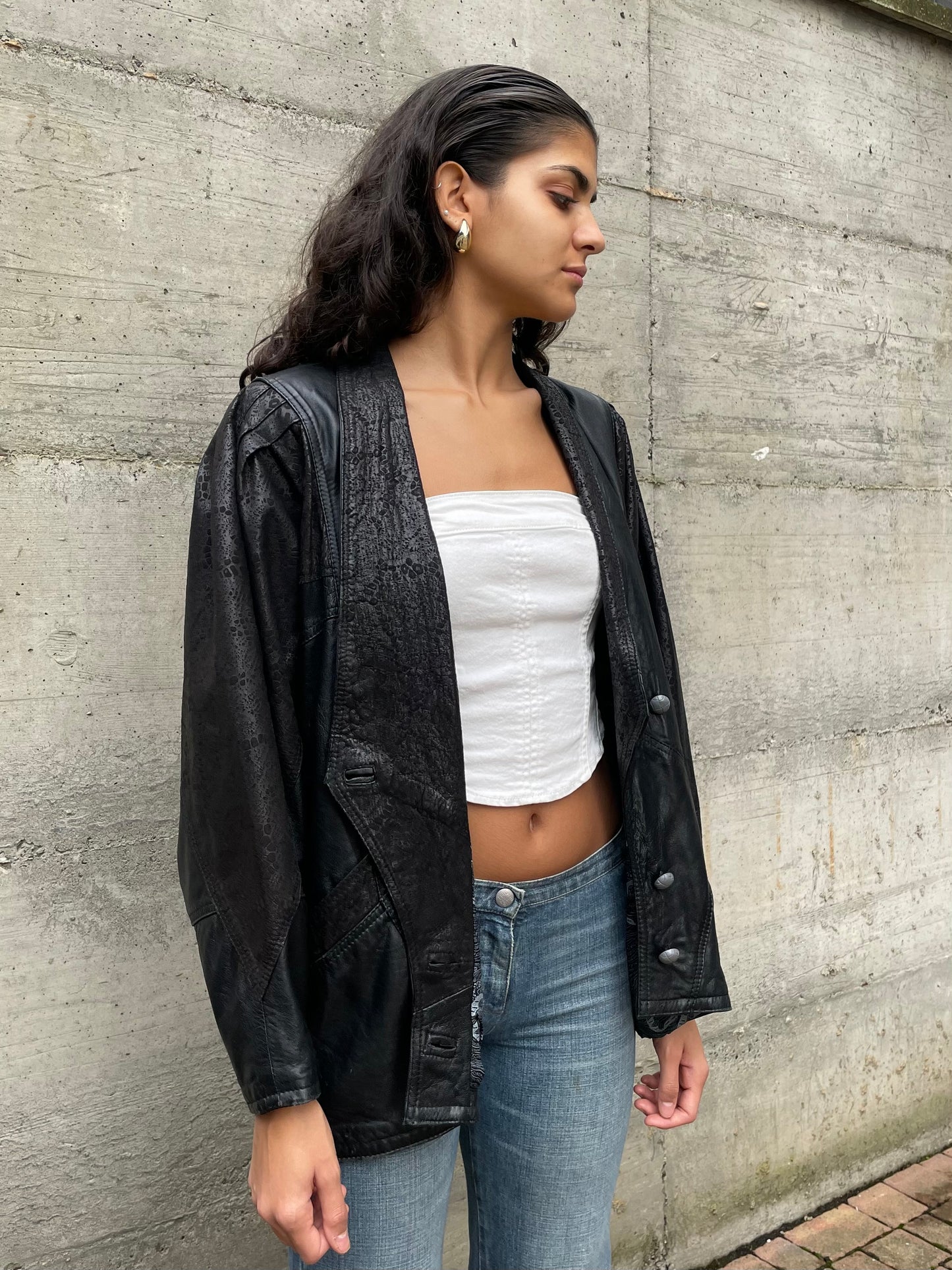 Giacca 80s lavorata in vera pelle nera - taglia M