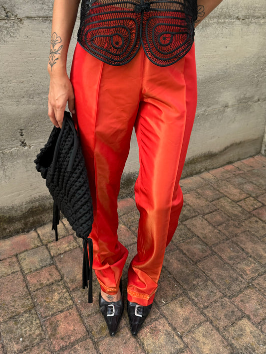 Pantalone chino in shantung di seta corallo, taglia 42