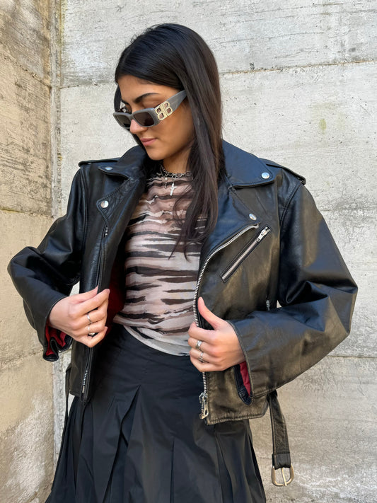 Chiodo in cuoio con fodera rossa, S uomo