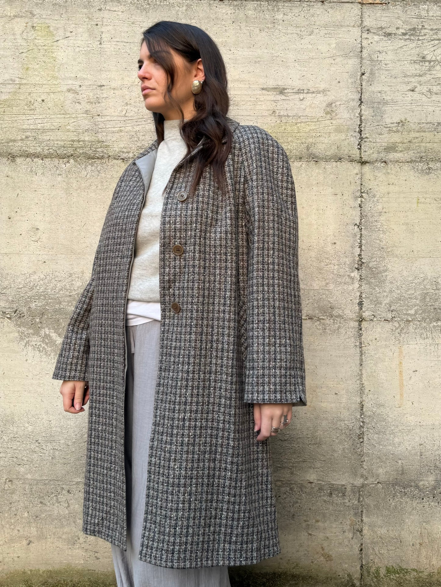 Trenchcoat reversibile monopetto con cintura, lato esterno in lana, lato interno misto cotone