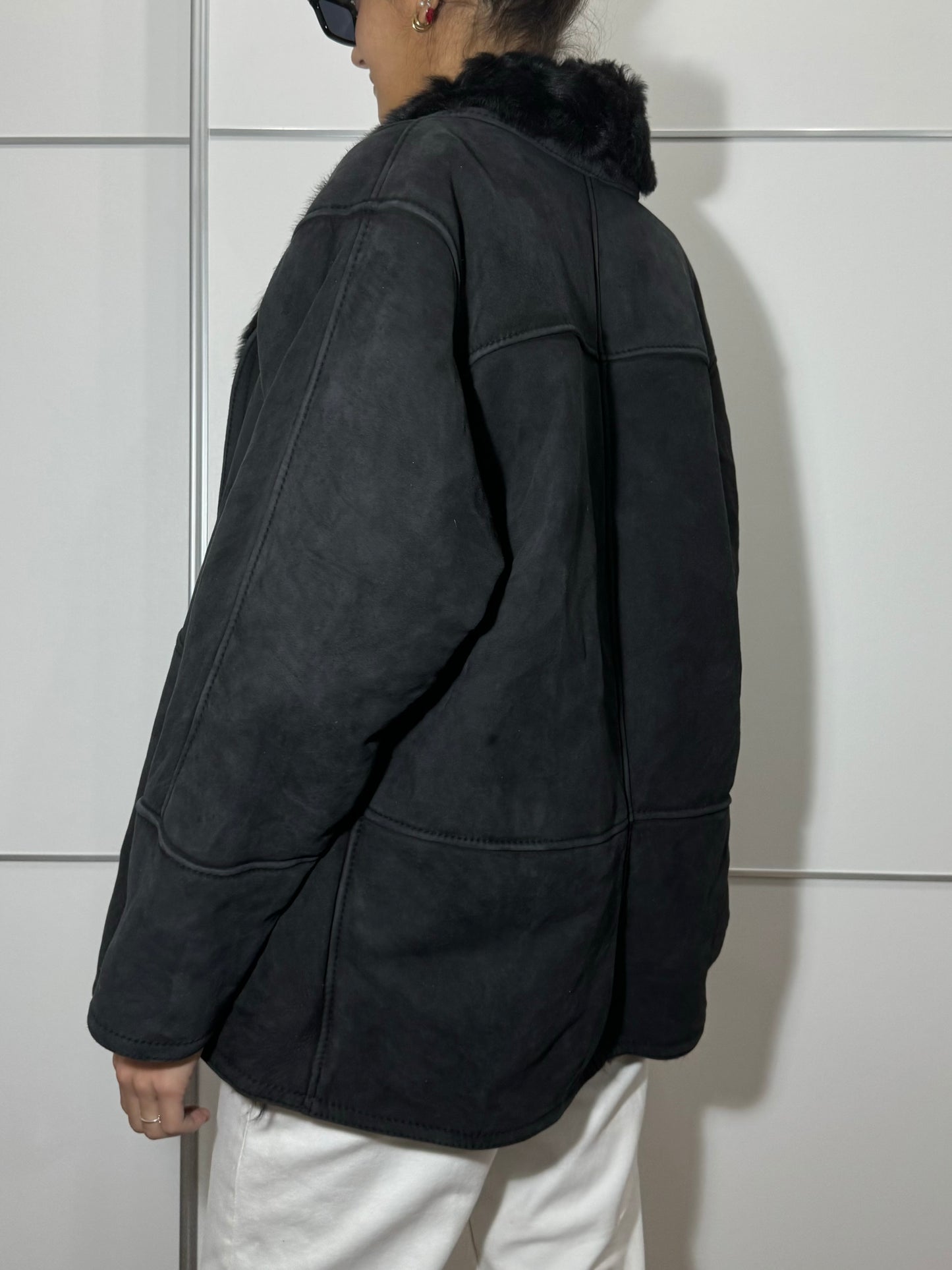 Montone originale Shearling scamosciato nero, taglia 44it donna