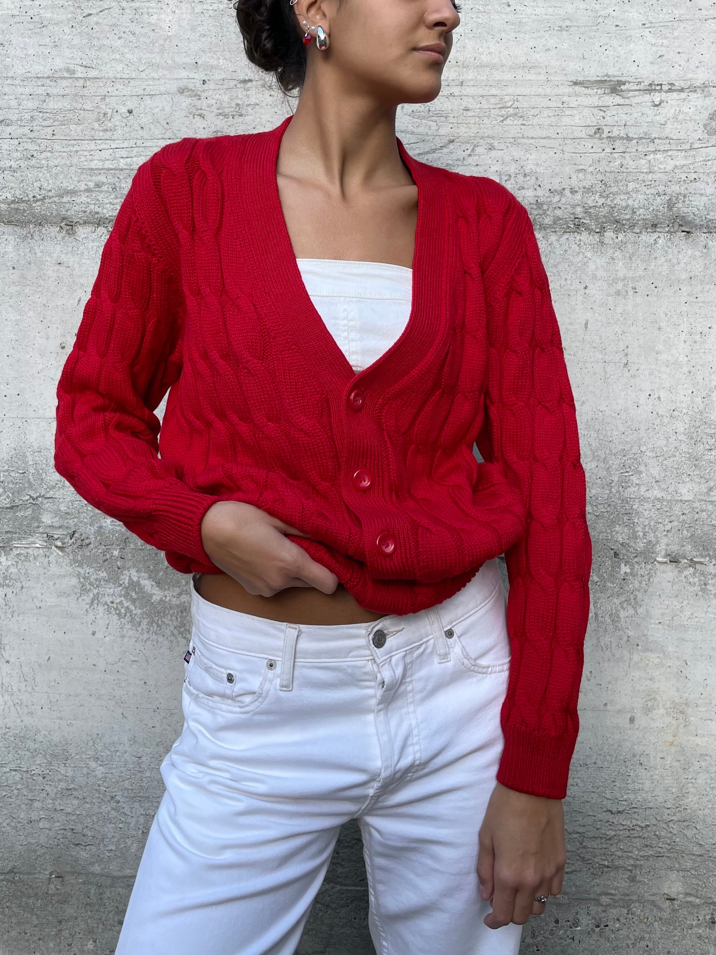 Cardigan sartoriale misto lana e cotone, rosso acceso - taglia M