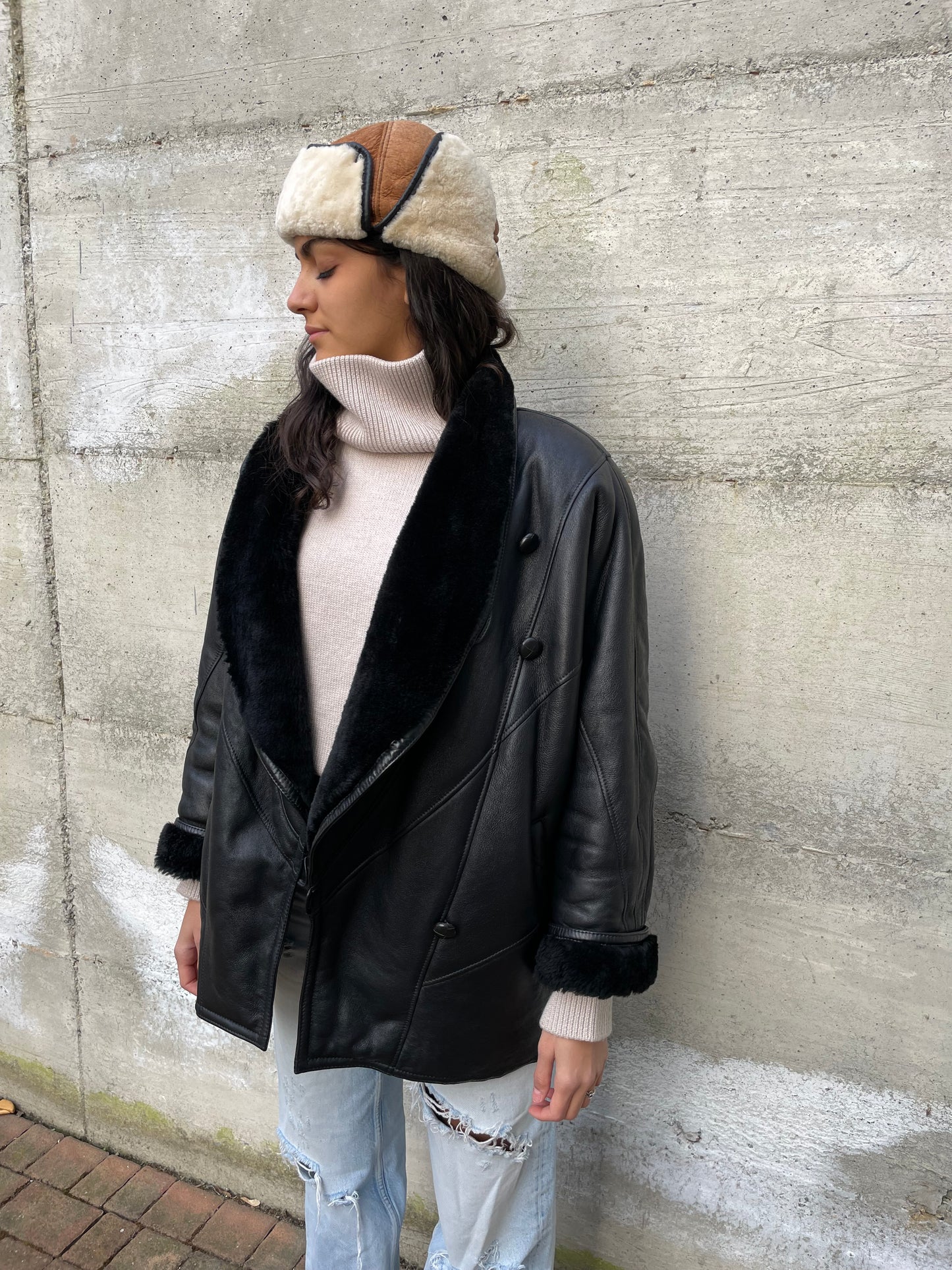 Montone donna originale Shearling 80s, esterno in pelle e interno a pelo raso, in rara taglia piccola