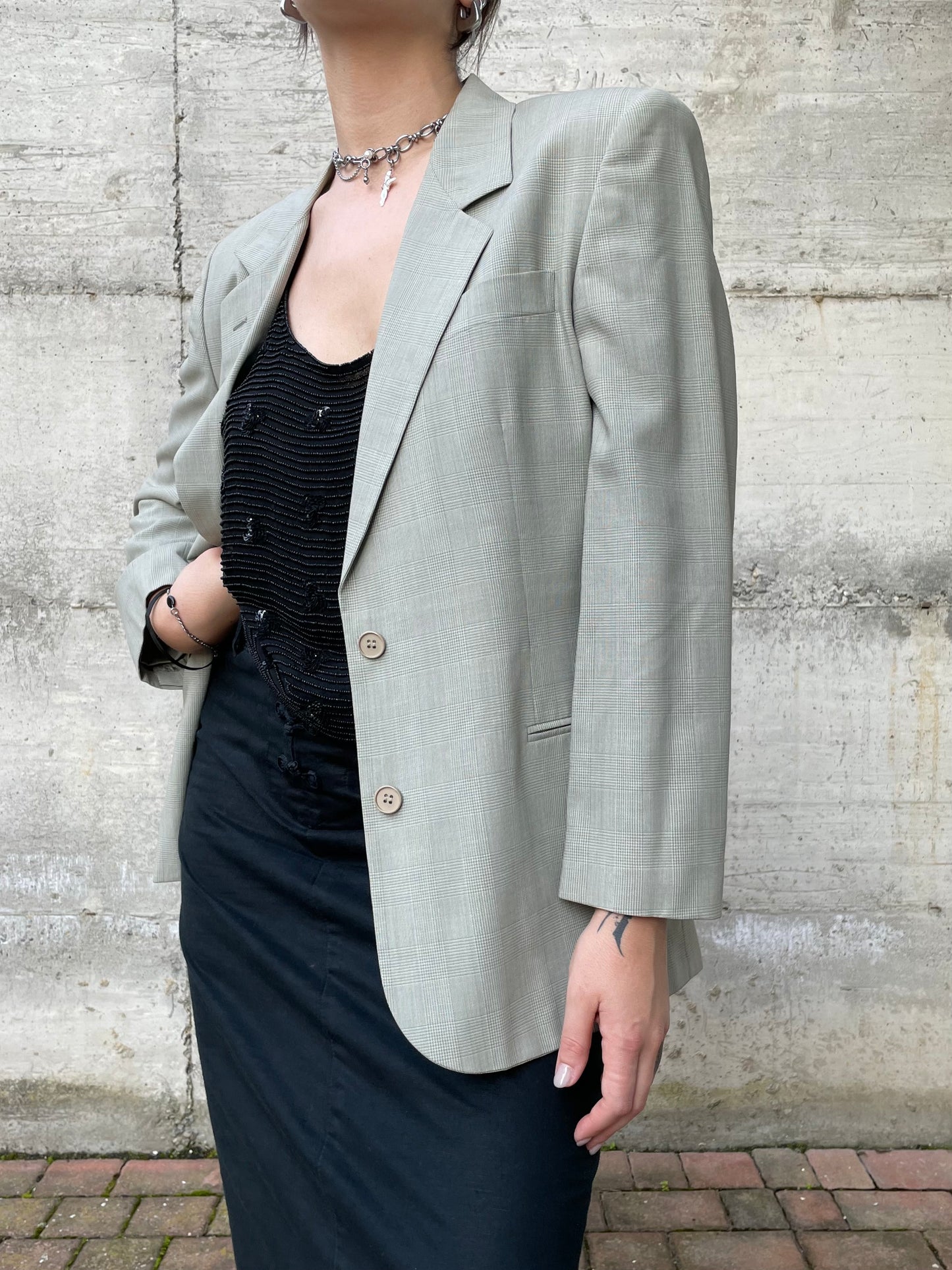 Blazer sartoriale misto viscosa/lana vergine/mohair madras color verde muschio