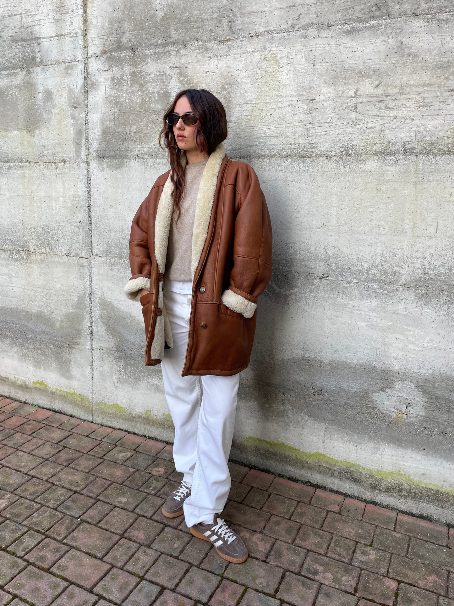 Montone Shearling originale a pelo bianco con esterno in pelle rame, taglia 48it donna