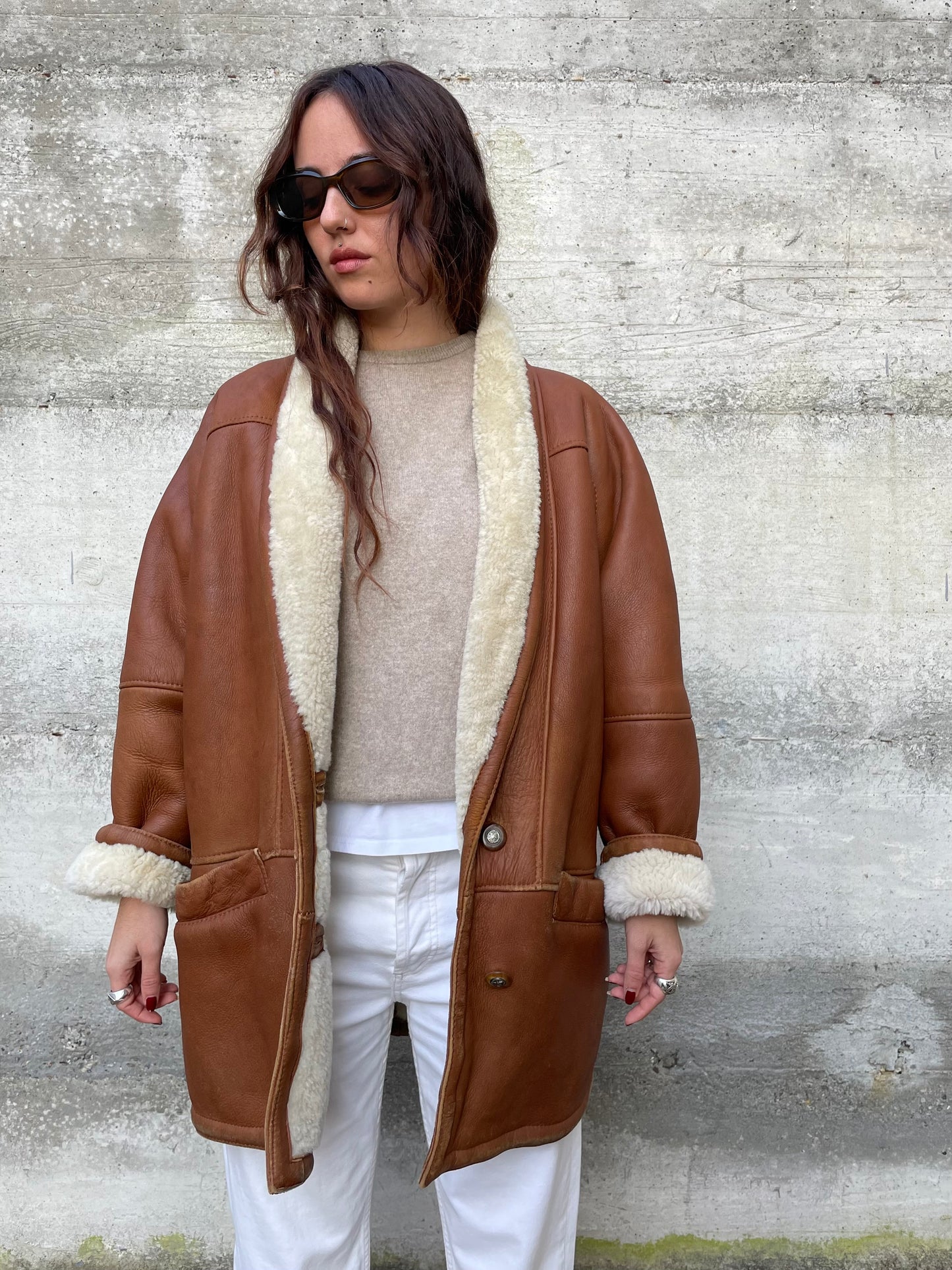 Montone Shearling originale a pelo bianco con esterno in pelle rame, taglia 48it donna