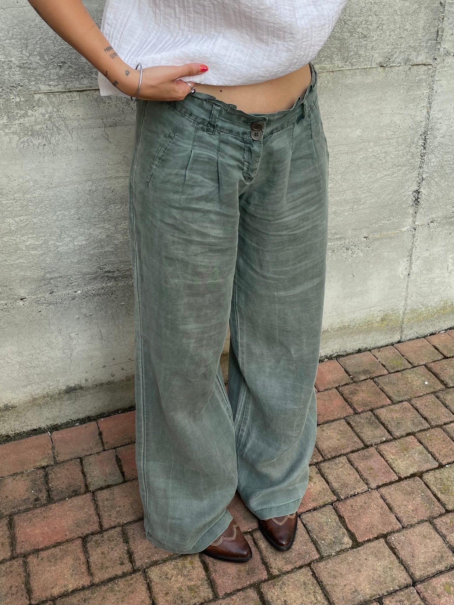 Pantapalazzo verde salvia 100% ramiè, taglia M