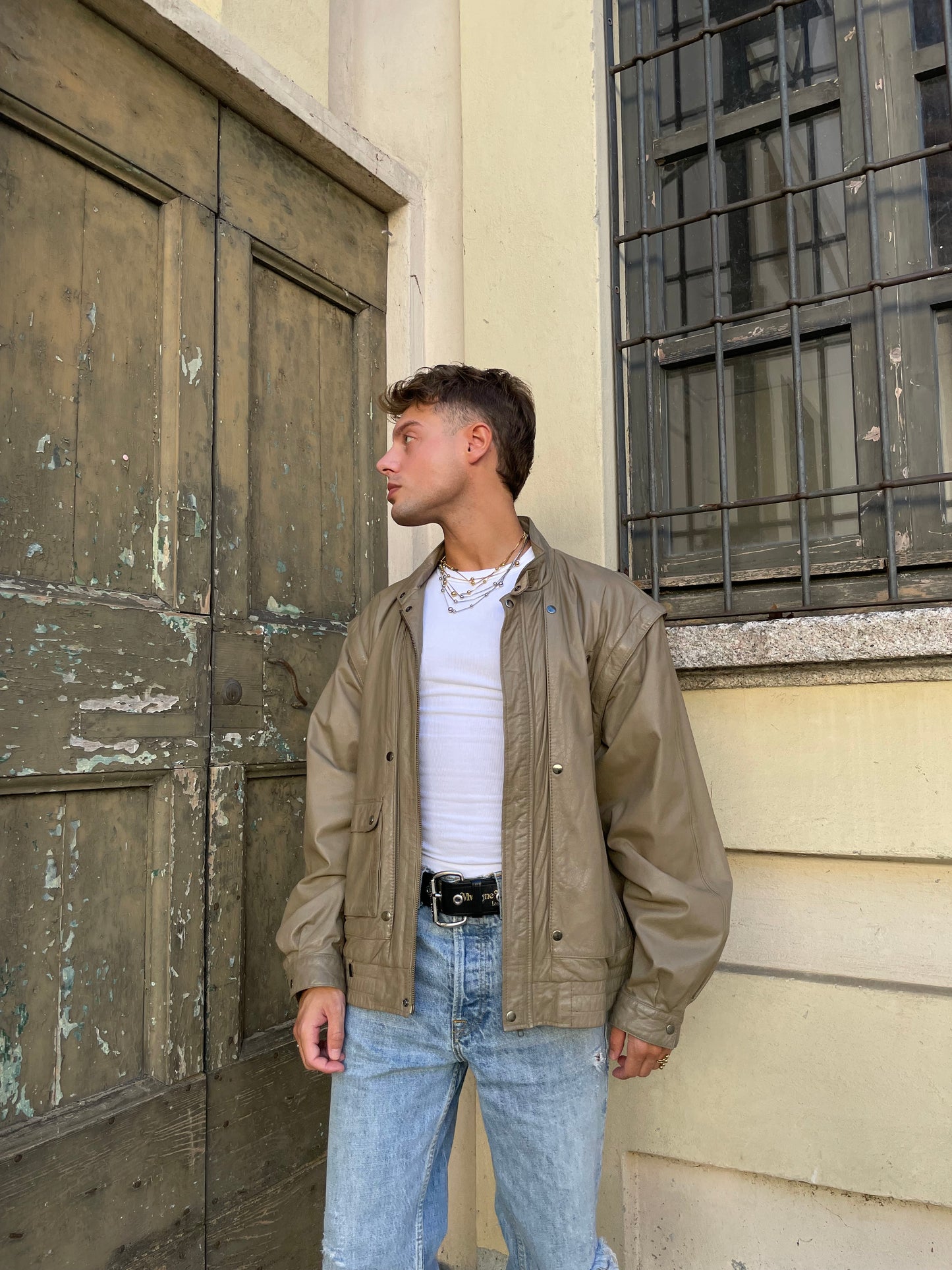 Bomber smanicabile vera pelle beige - M uomo