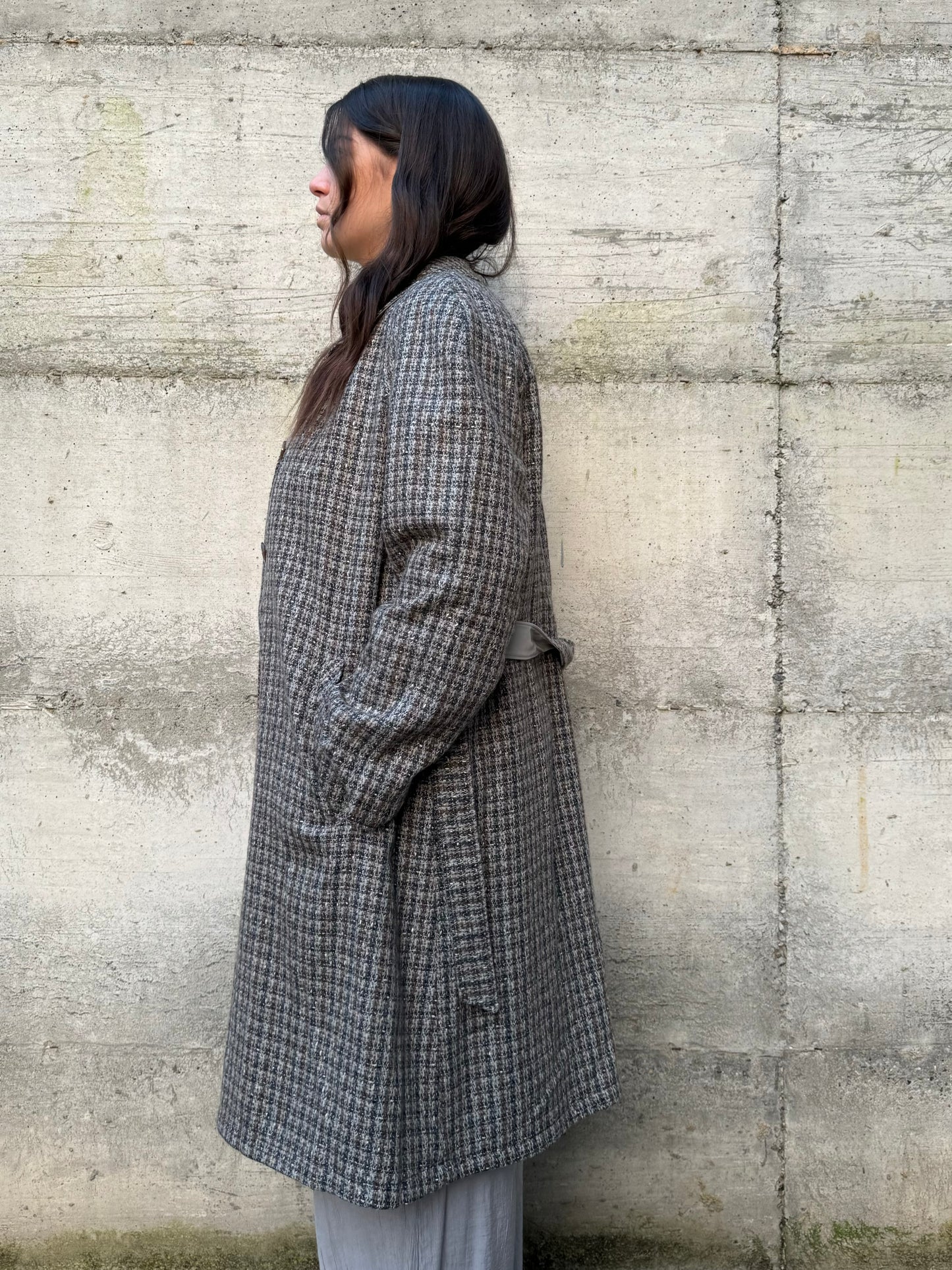Trenchcoat reversibile monopetto con cintura, lato esterno in lana, lato interno misto cotone
