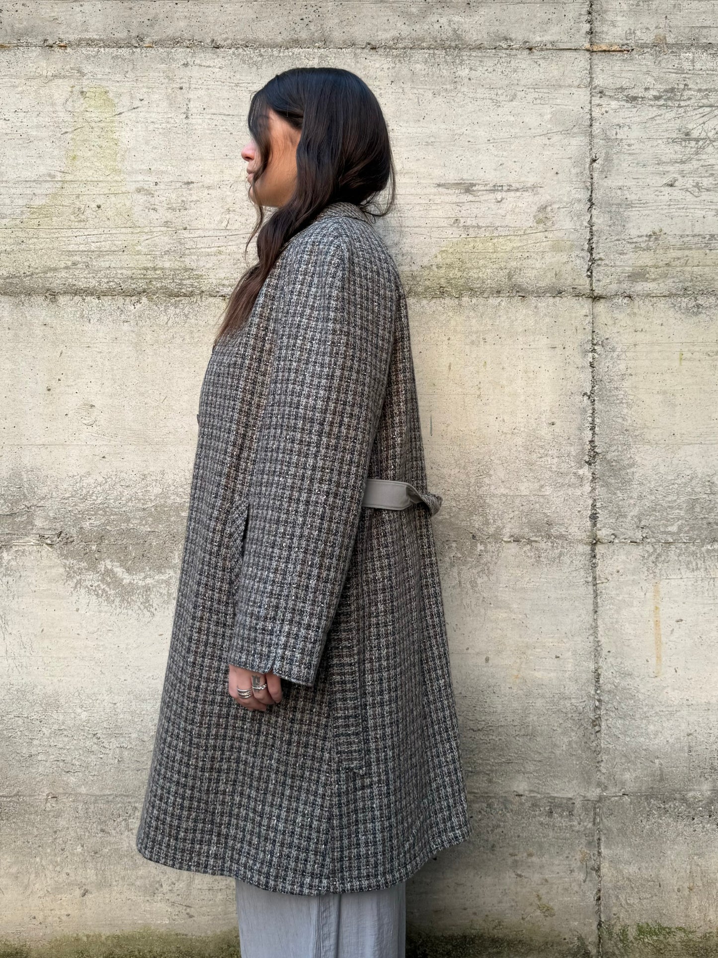 Trenchcoat reversibile monopetto con cintura, lato esterno in lana, lato interno misto cotone